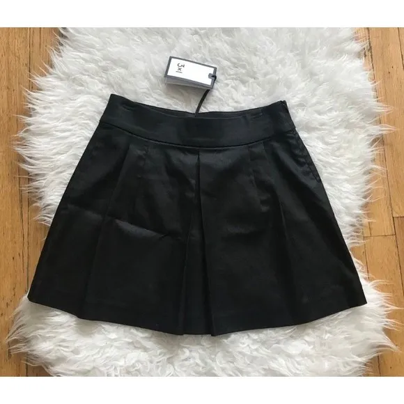 $195 NWT 3x1 NYC PLEATED MINI SKIRT~COATED DENIM~FAUX LEATHER LIKE~JET BLACK~XS