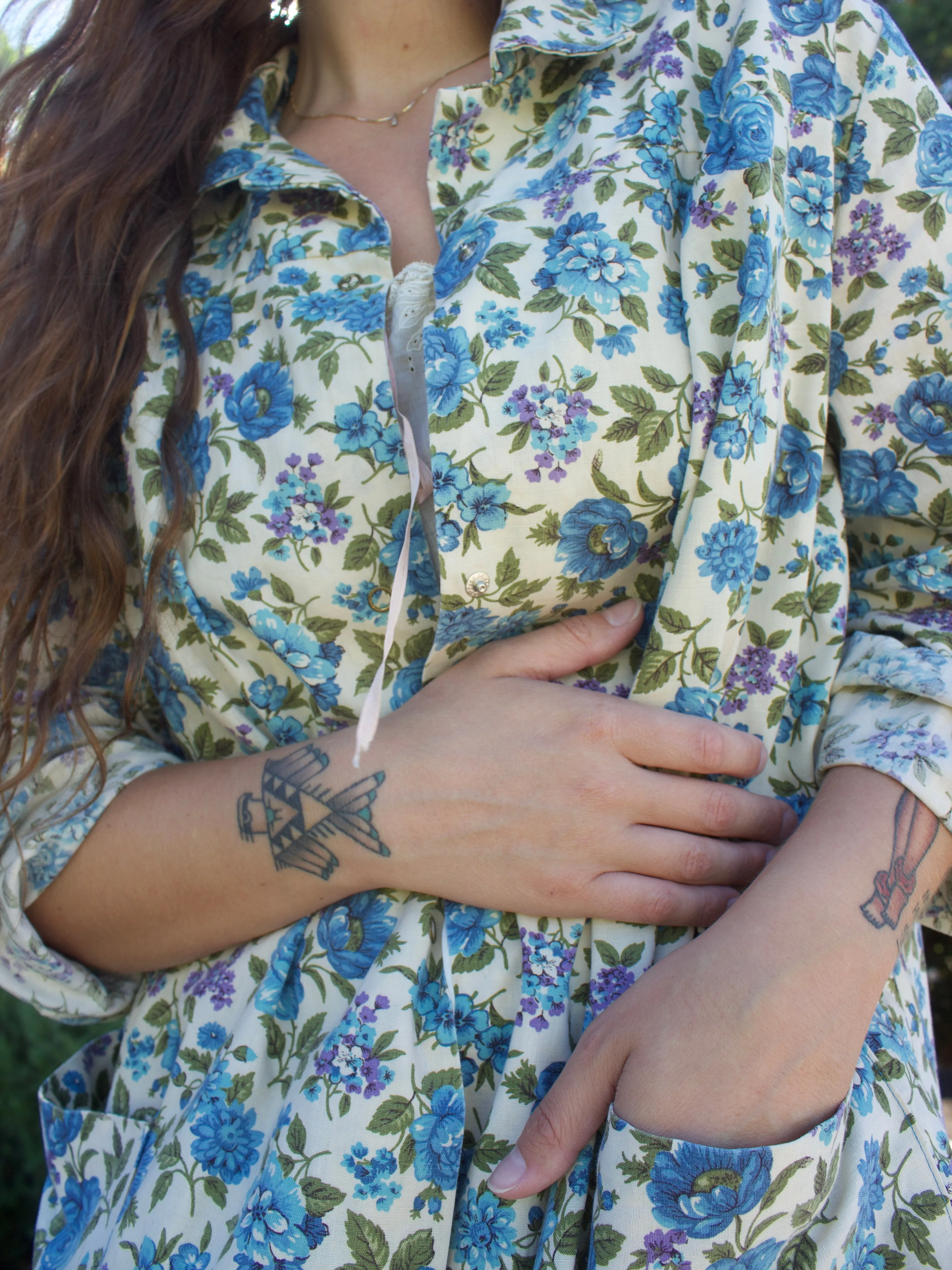 1950s Linen Blend Floral Print Smock