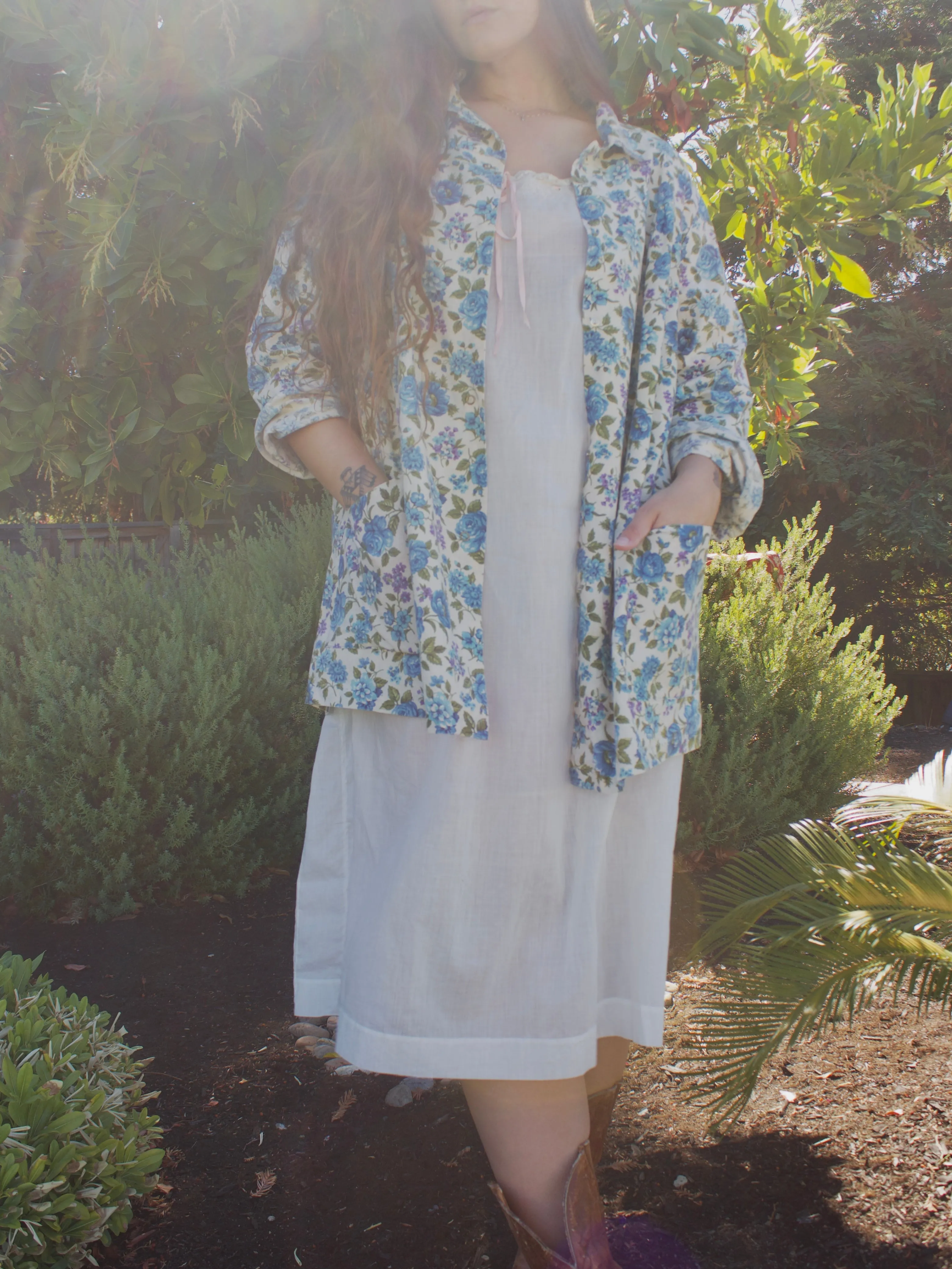 1950s Linen Blend Floral Print Smock