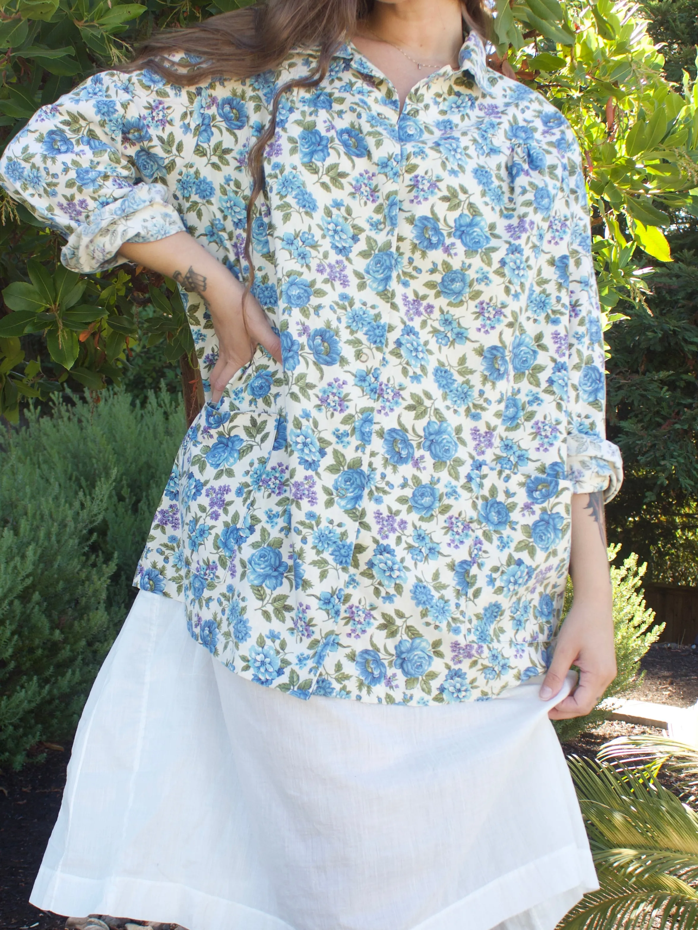 1950s Linen Blend Floral Print Smock