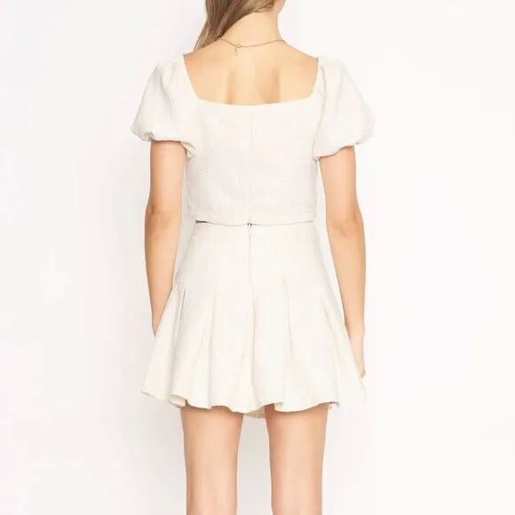 4Sienna Esma Pleated Textured Tweed Mini A-Line Skater Skirt Ivory Women XS
