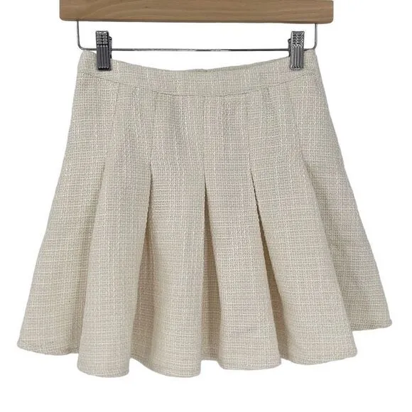 4Sienna Esma Pleated Textured Tweed Mini A-Line Skater Skirt Ivory Women XS