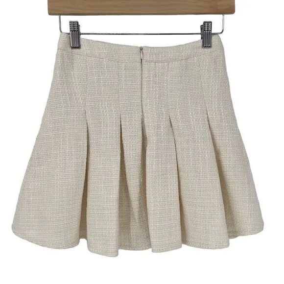 4Sienna Esma Pleated Textured Tweed Mini A-Line Skater Skirt Ivory Women XS