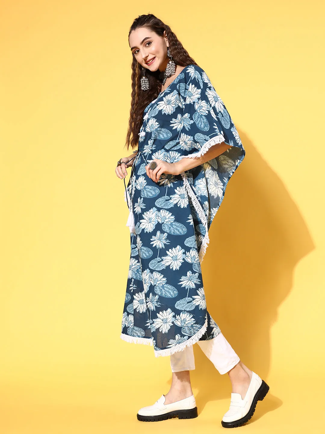 A Blue Cotton Floral Printed Kaftan With With Laced Embellishments
