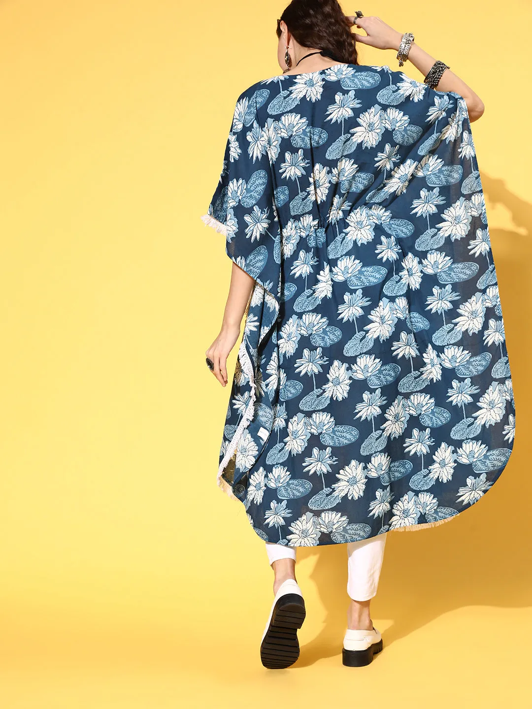 A Blue Cotton Floral Printed Kaftan With With Laced Embellishments