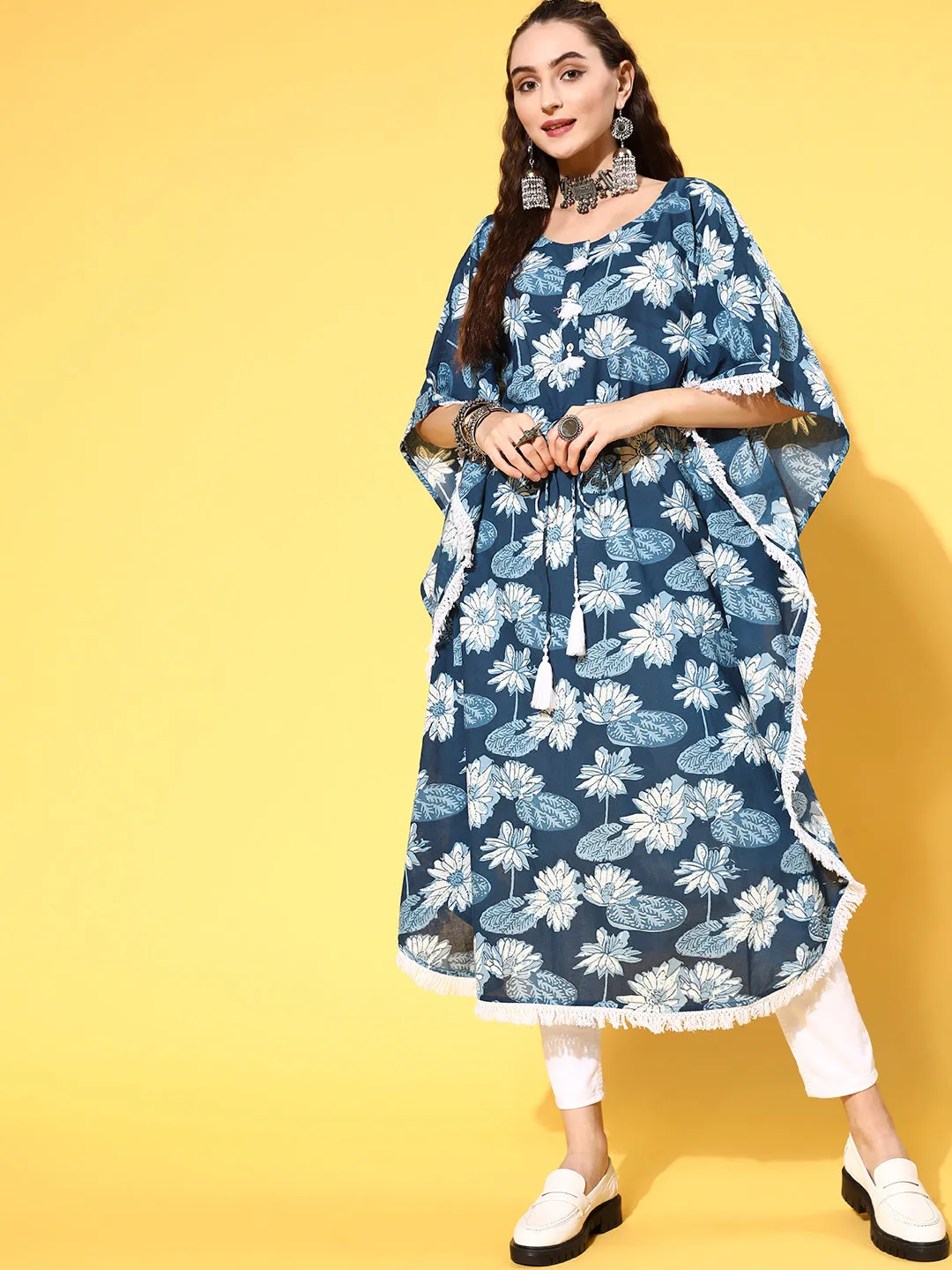 A Blue Cotton Floral Printed Kaftan With With Laced Embellishments