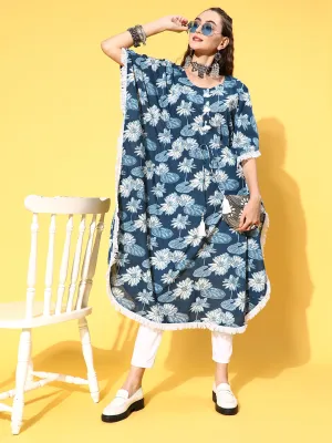 A Blue Cotton Floral Printed Kaftan With With Laced Embellishments
