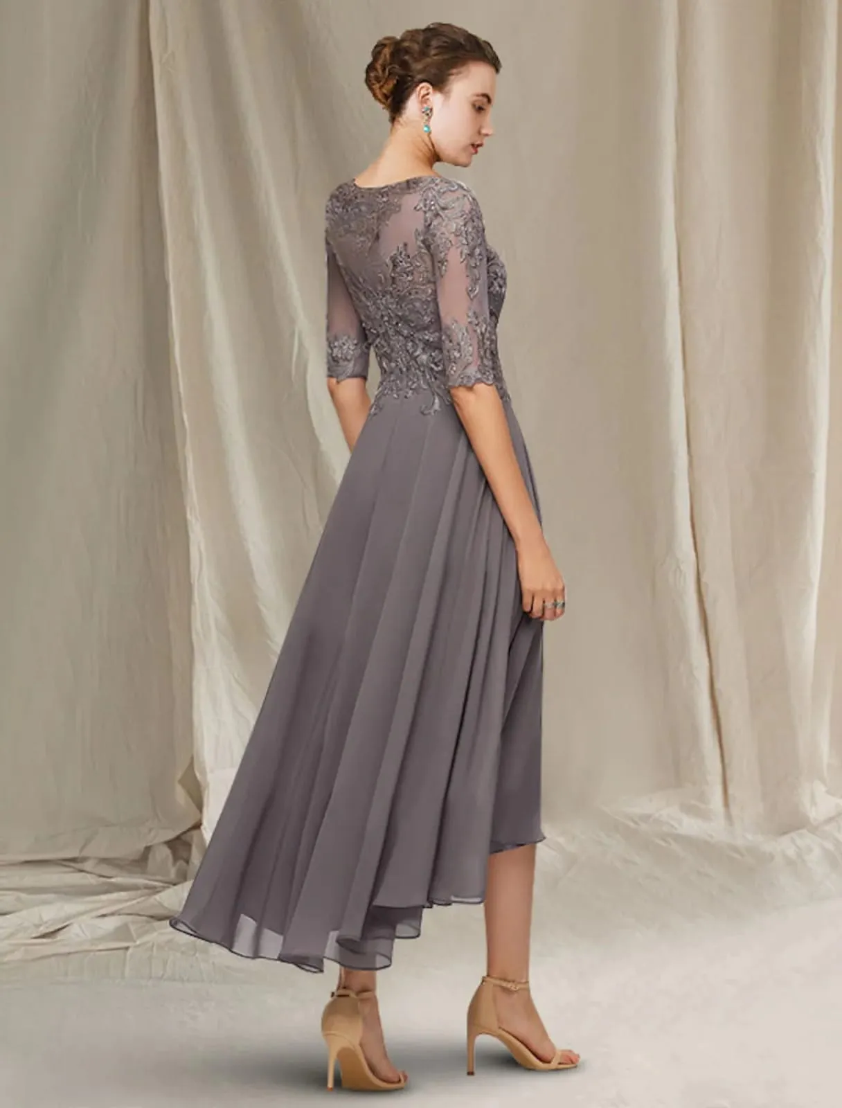 A-line Bateau Neck Lace Chiffon Hi Low Half Sleeve Mother of Bride Dress