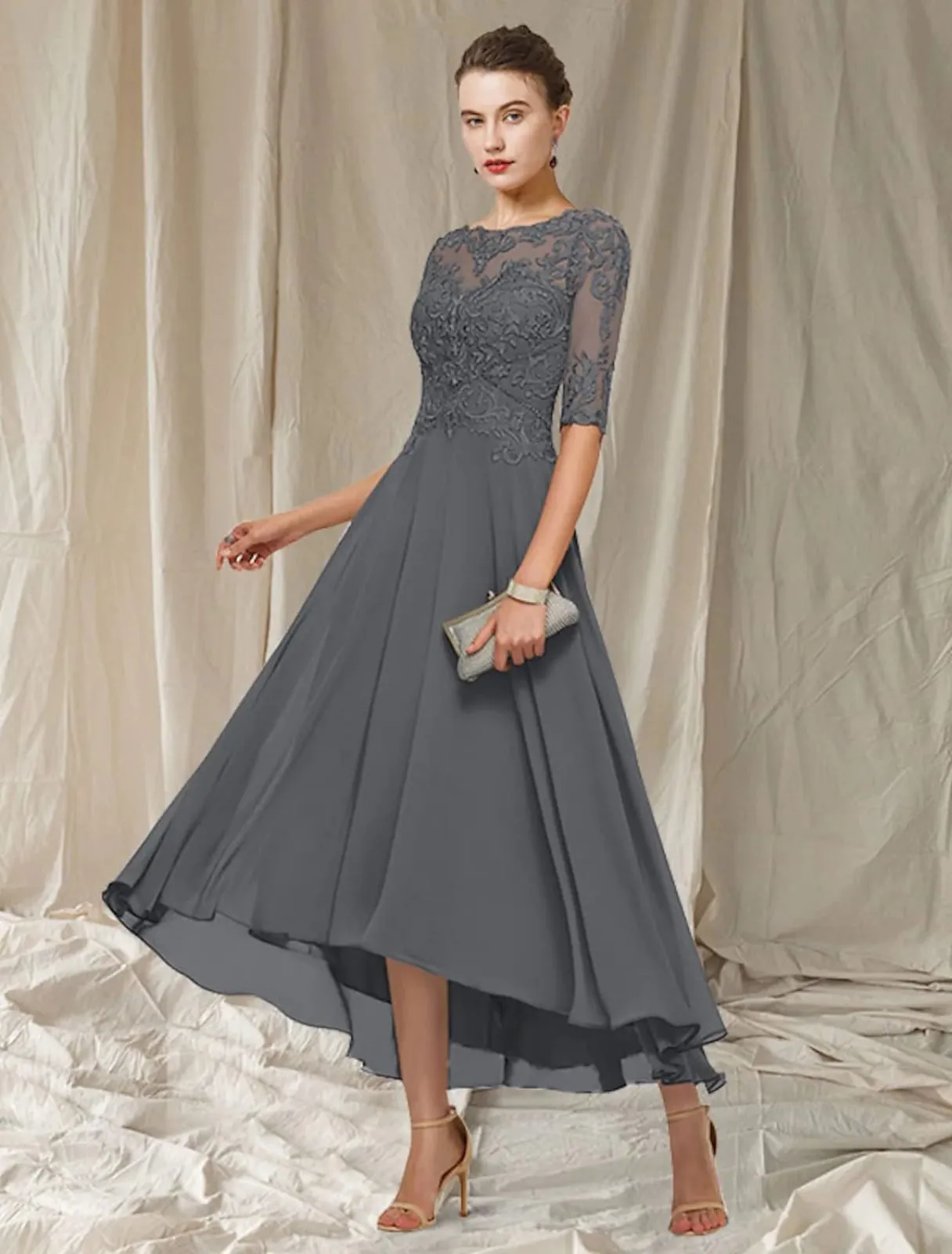 A-line Bateau Neck Lace Chiffon Hi Low Half Sleeve Mother of Bride Dress