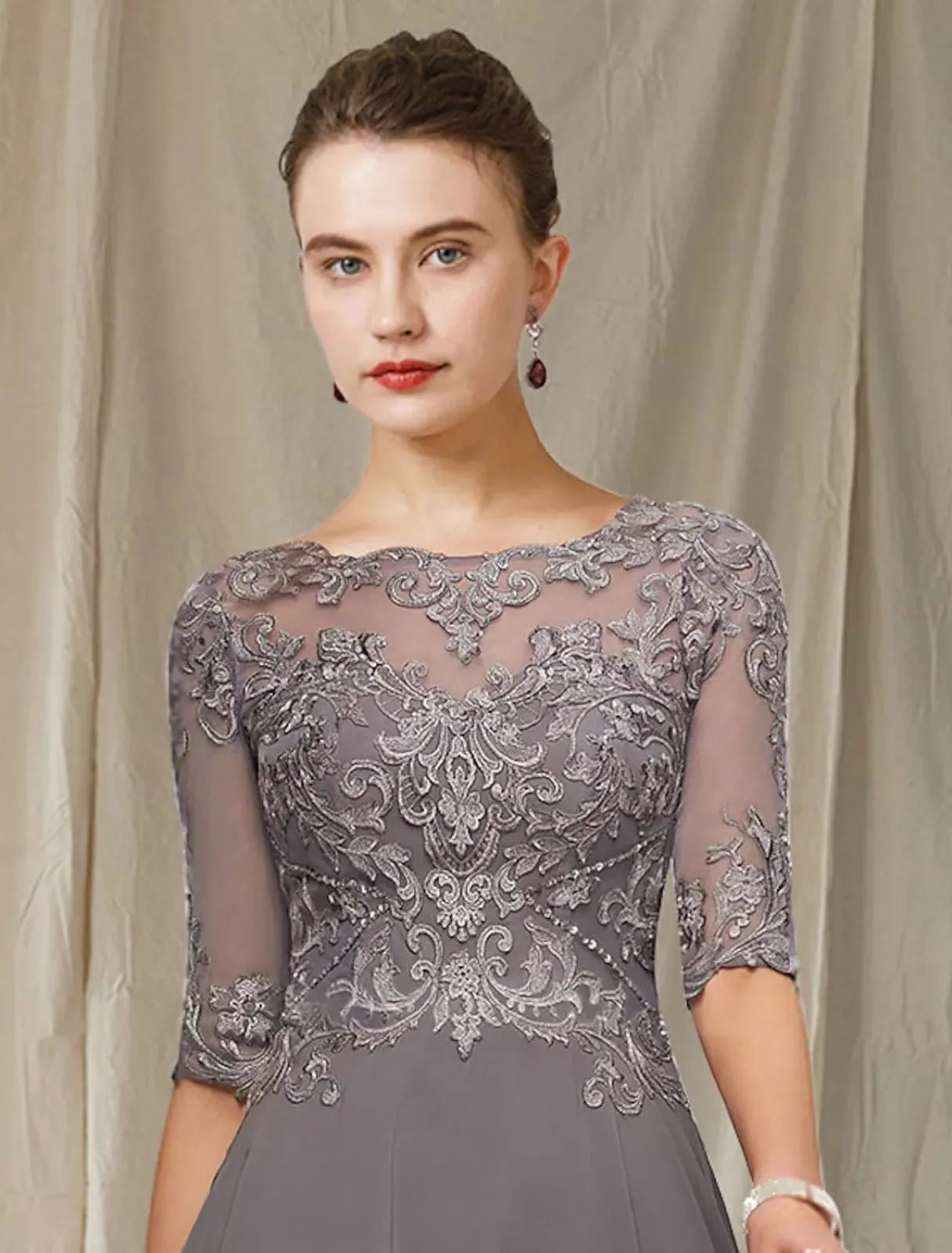 A-line Bateau Neck Lace Chiffon Hi Low Half Sleeve Mother of Bride Dress