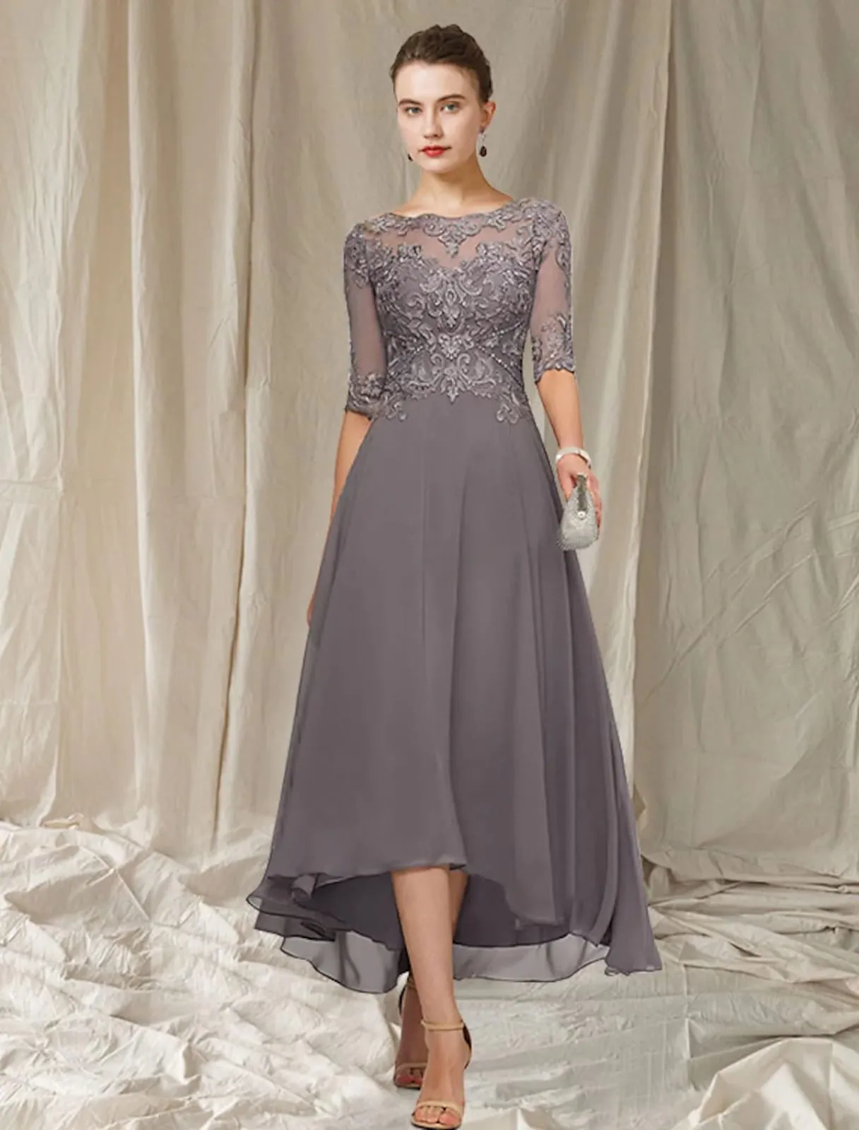 A-line Bateau Neck Lace Chiffon Hi Low Half Sleeve Mother of Bride Dress