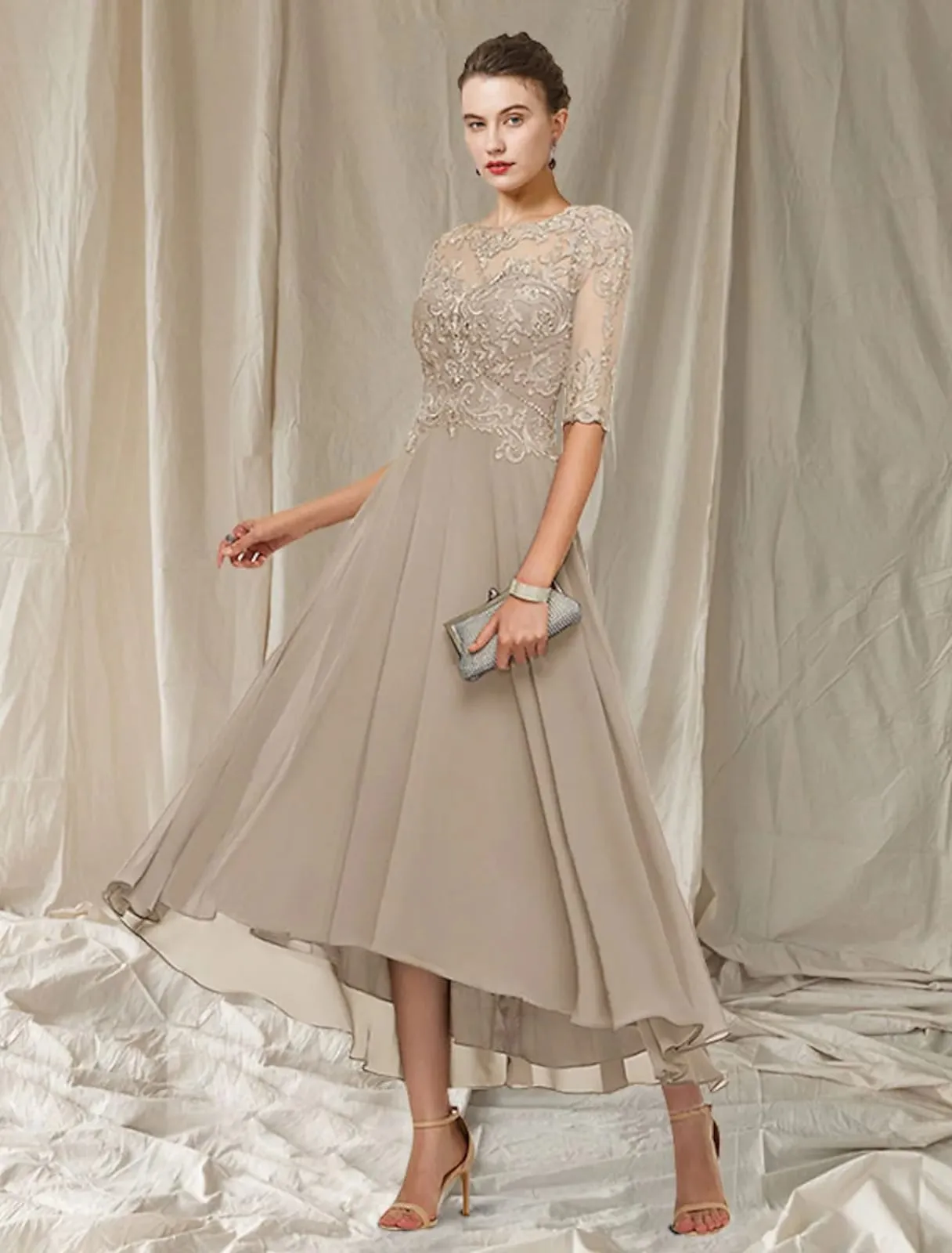 A-line Bateau Neck Lace Chiffon Hi Low Half Sleeve Mother of Bride Dress