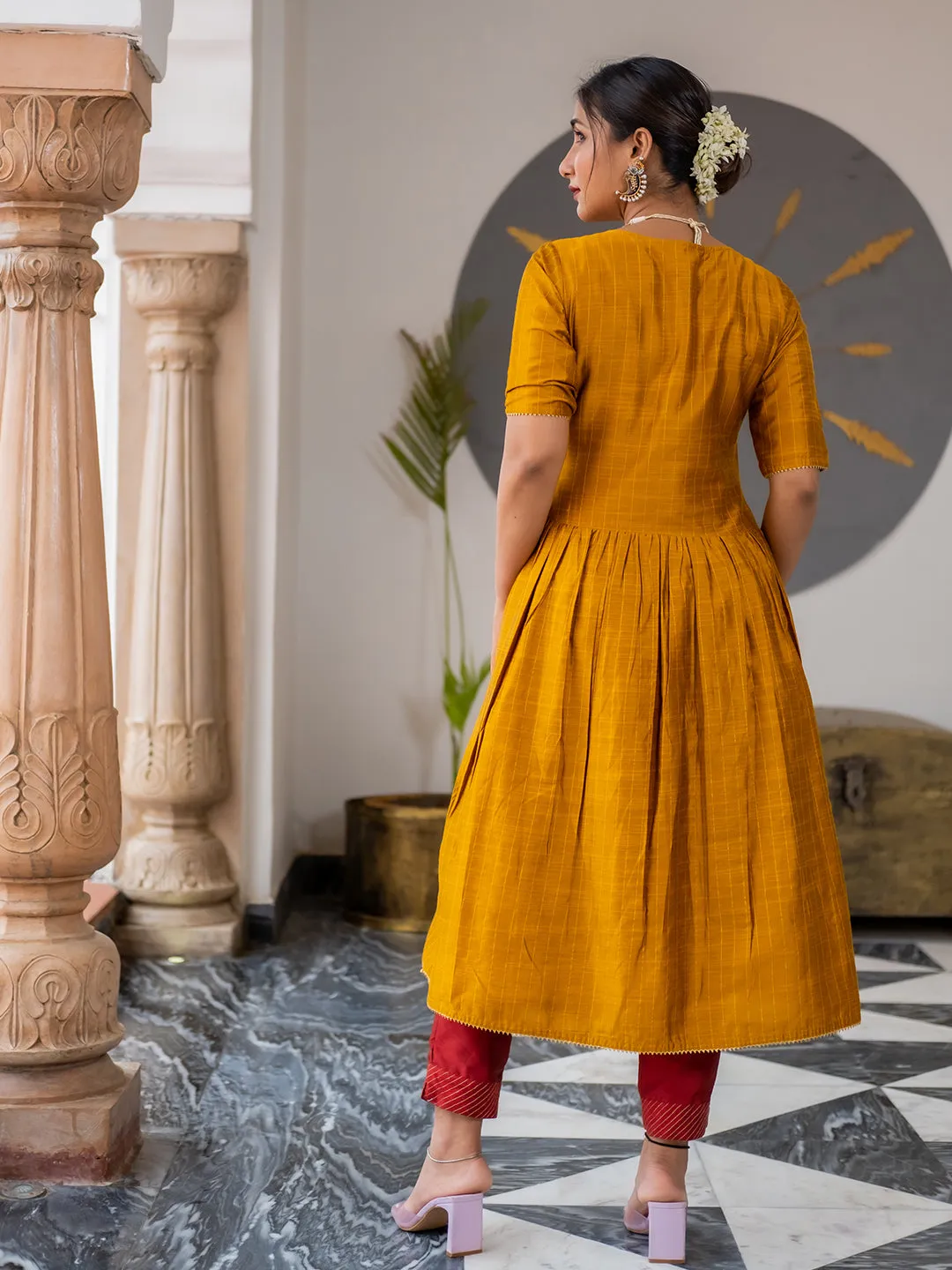A Line Mustard Chanderi Checks Kurta With Gota Lace