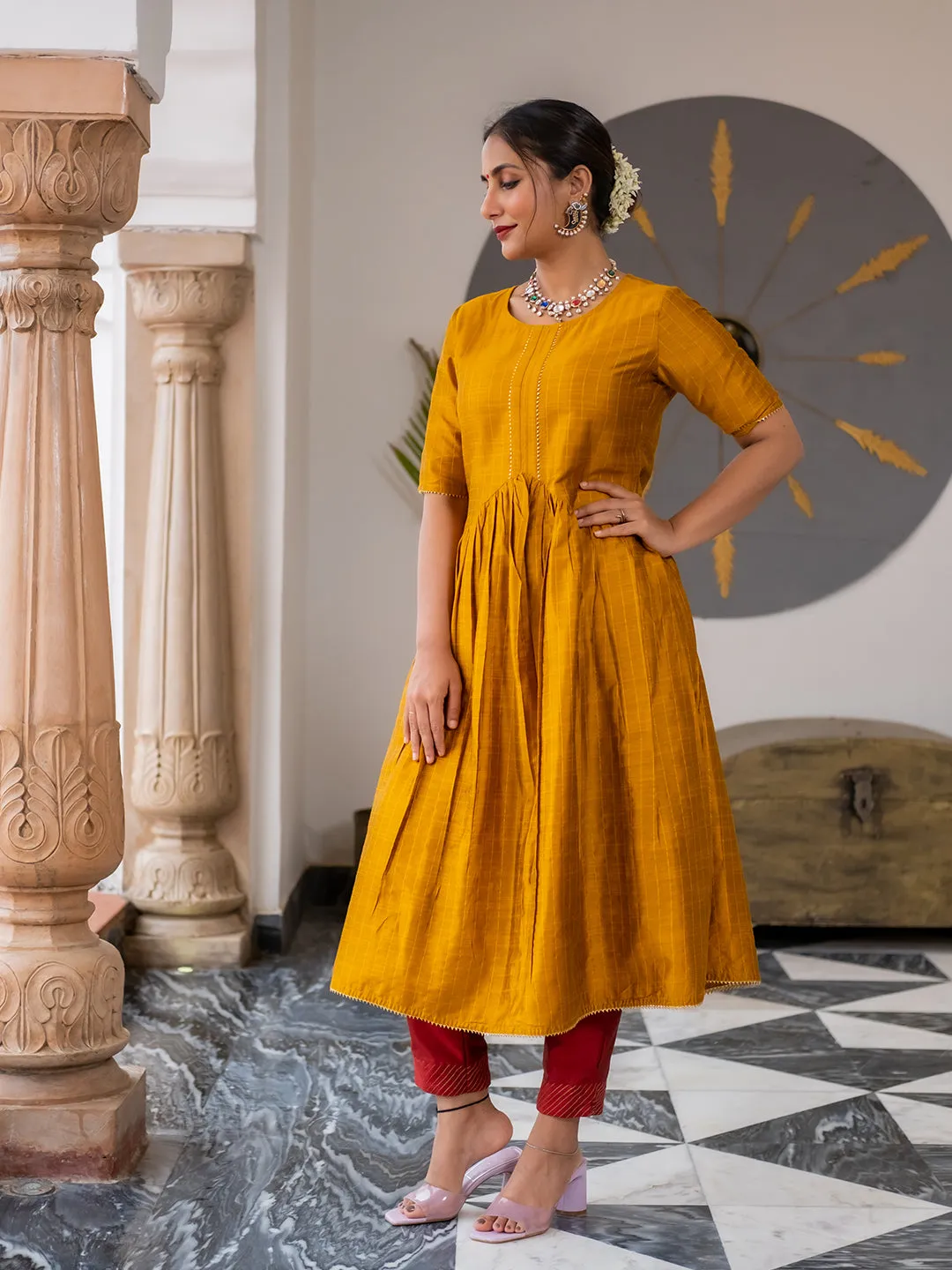 A Line Mustard Chanderi Checks Kurta With Gota Lace