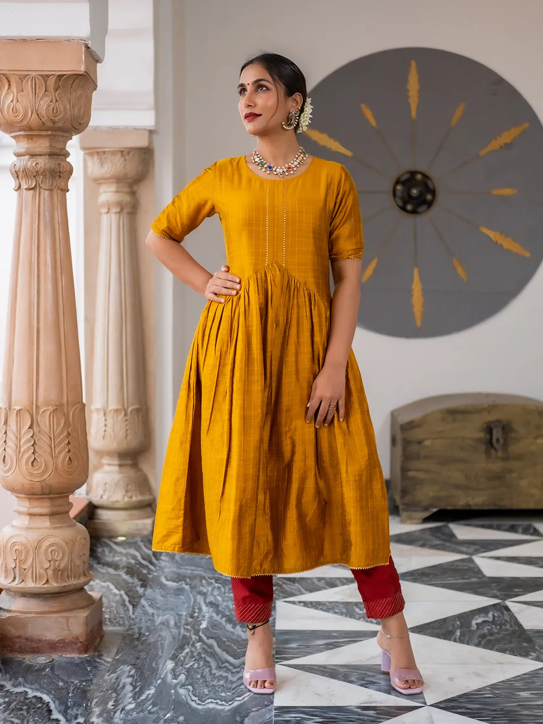A Line Mustard Chanderi Checks Kurta With Gota Lace