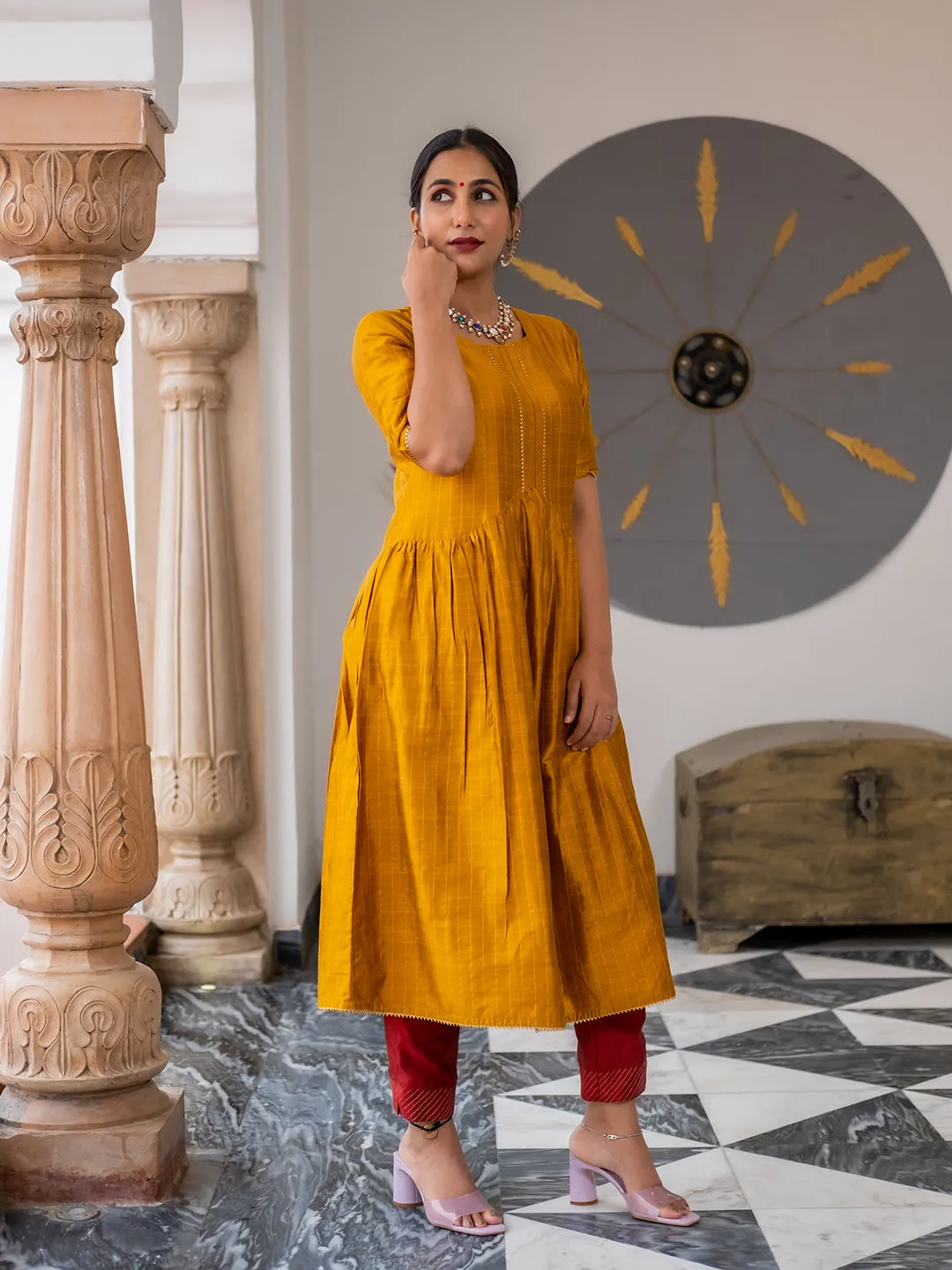 A Line Mustard Chanderi Checks Kurta With Gota Lace