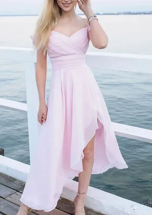 A-line Off Shoulder Sleeveless Chiffon Asymmetrical Homecoming Dress, Pleated Split