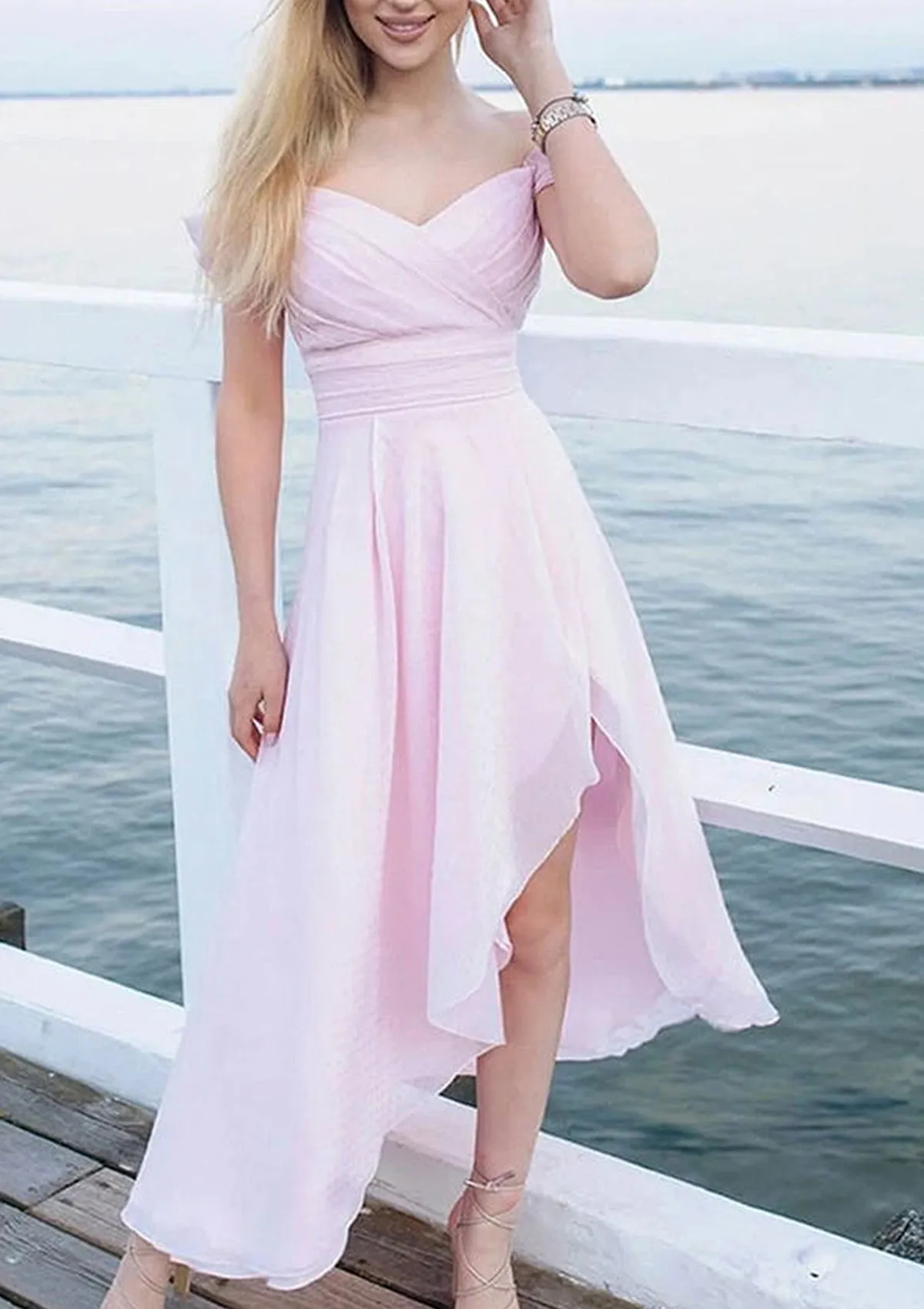A-line Off Shoulder Sleeveless Chiffon Asymmetrical Homecoming Dress, Pleated Split