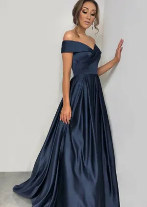 A-line Off Shoulder Surplice Sweep Charmeuse Navy Blue Prom Dress