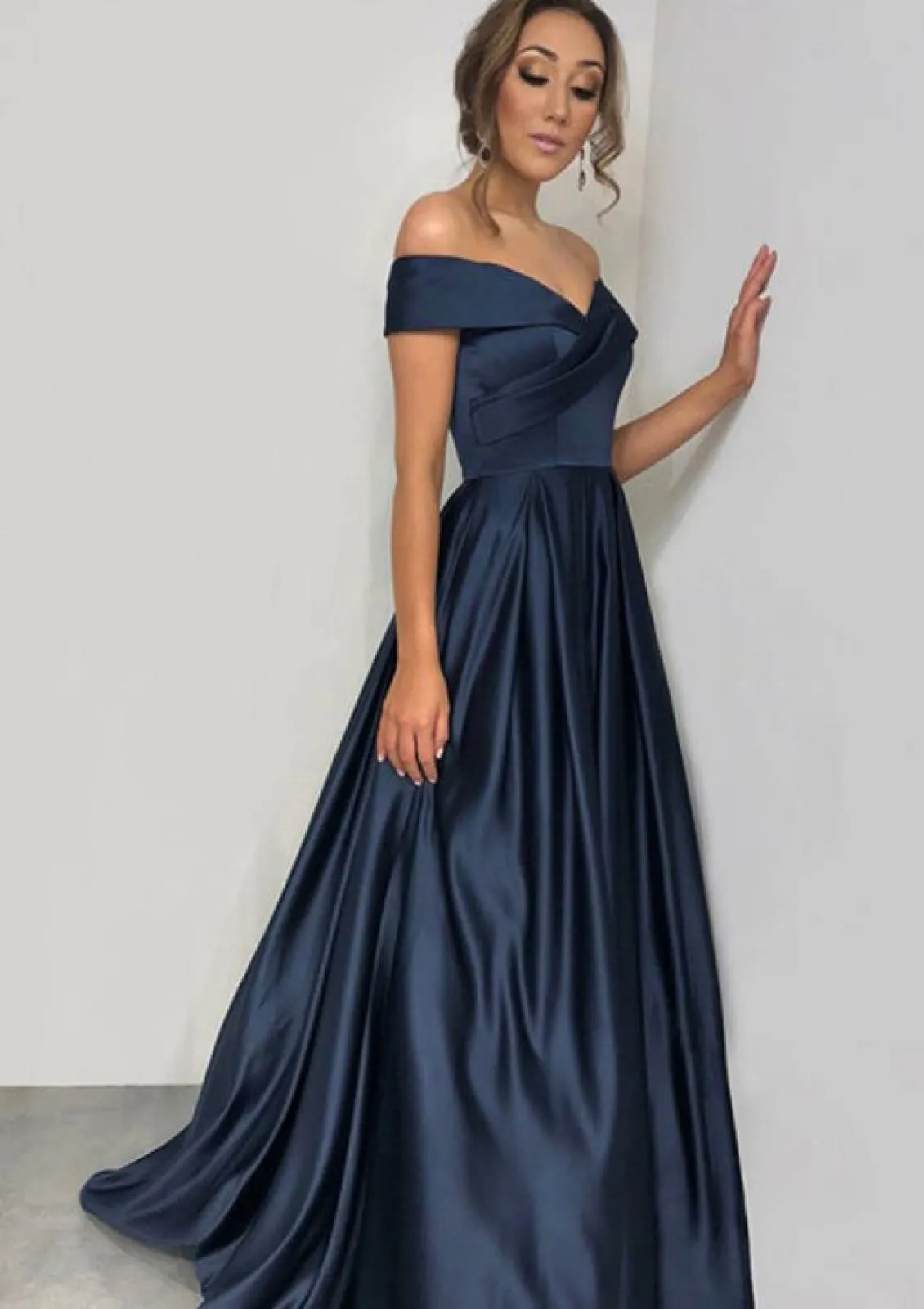 A-line Off Shoulder Surplice Sweep Charmeuse Navy Blue Prom Dress