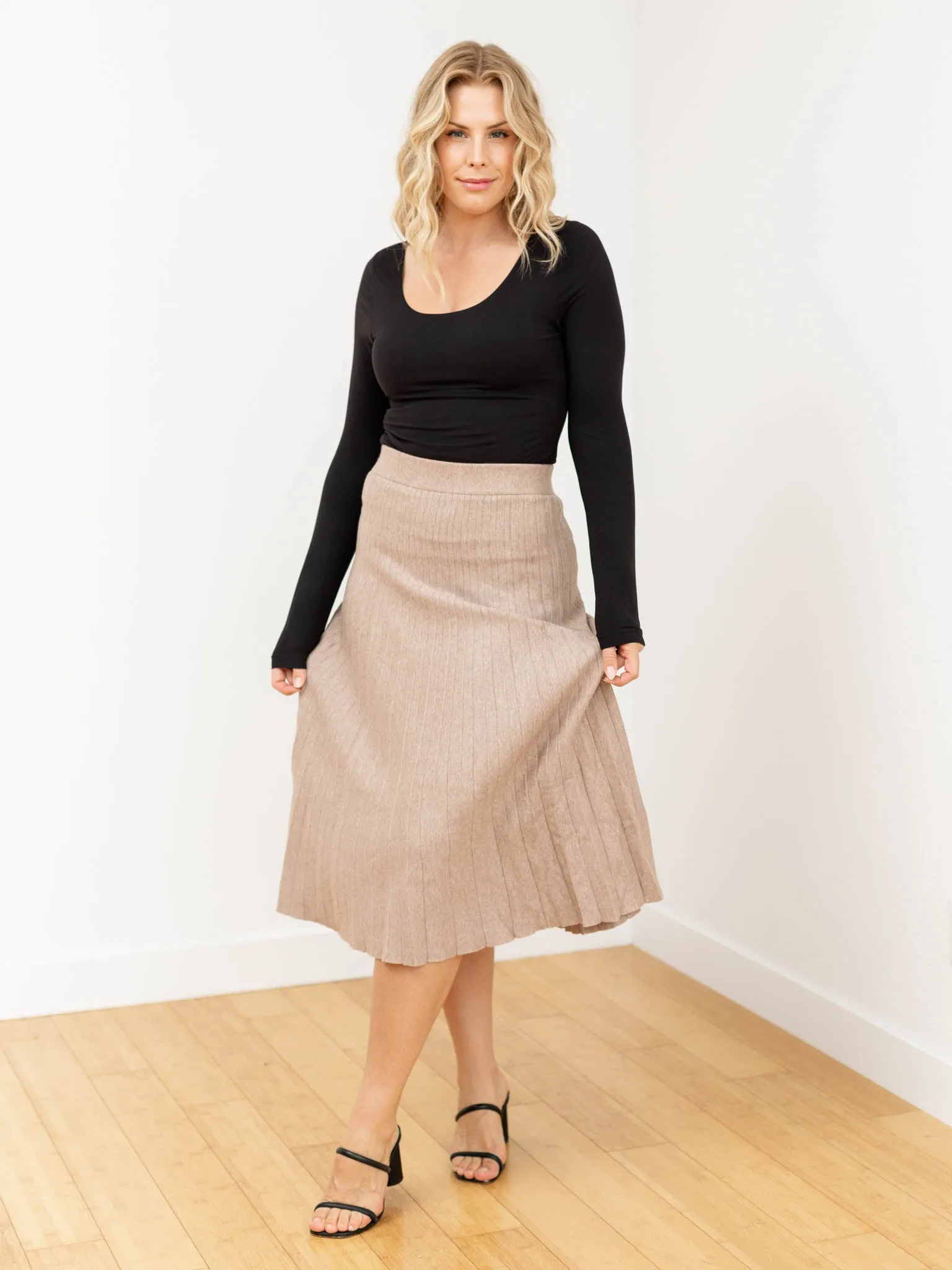 A-Line Pleated Sweater Midi Skirt