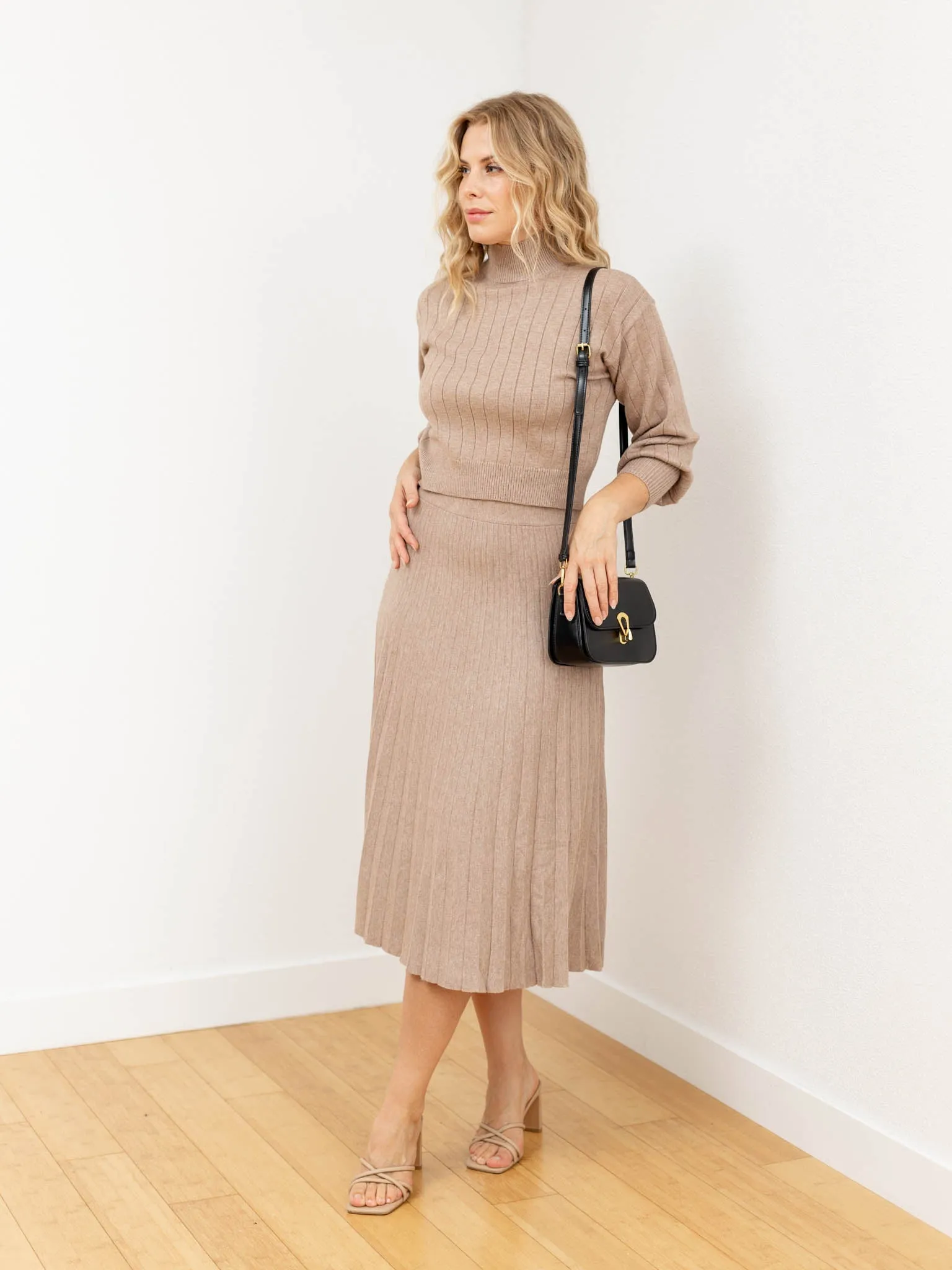 A-Line Pleated Sweater Midi Skirt