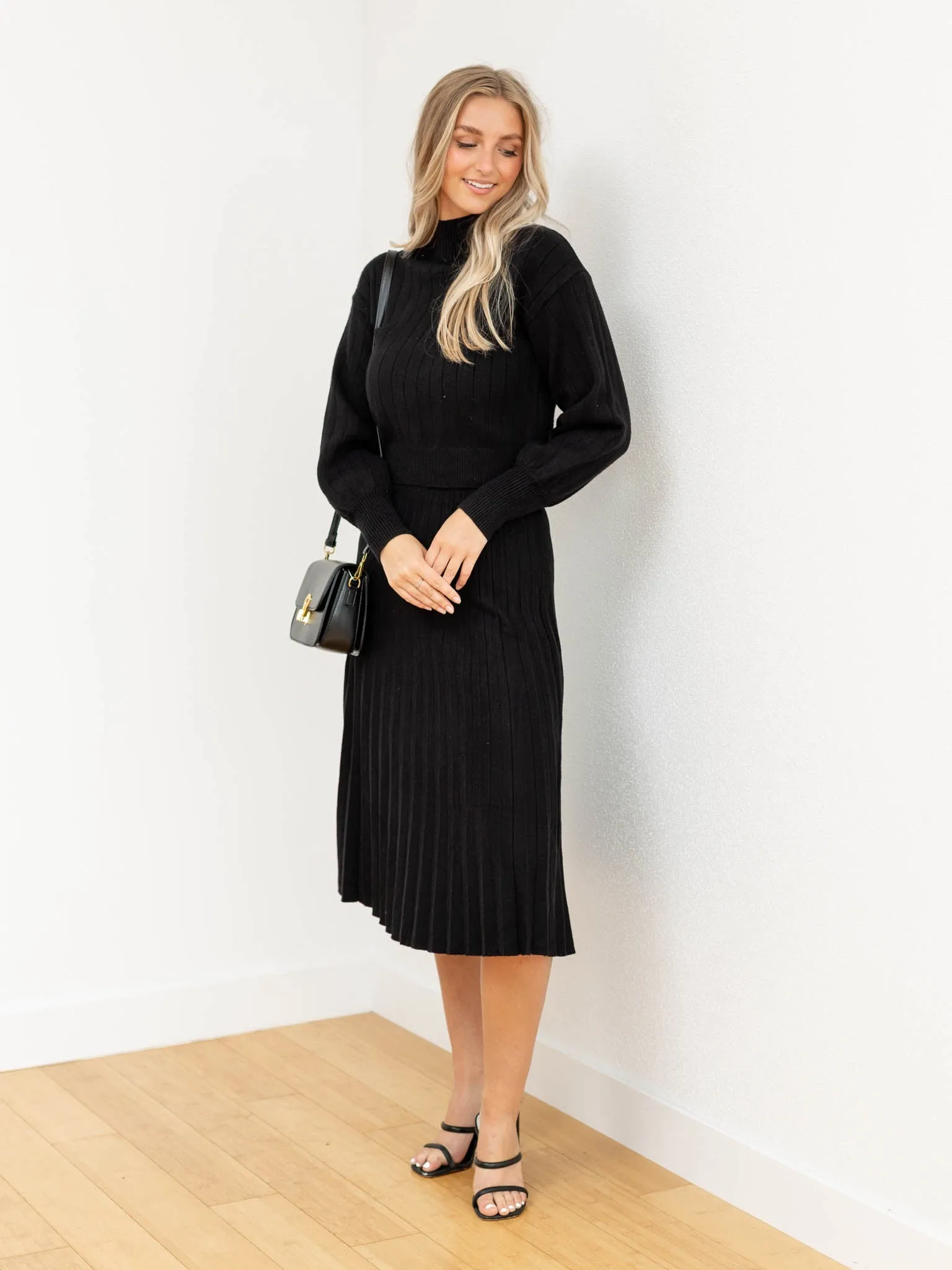 A-Line Pleated Sweater Midi Skirt