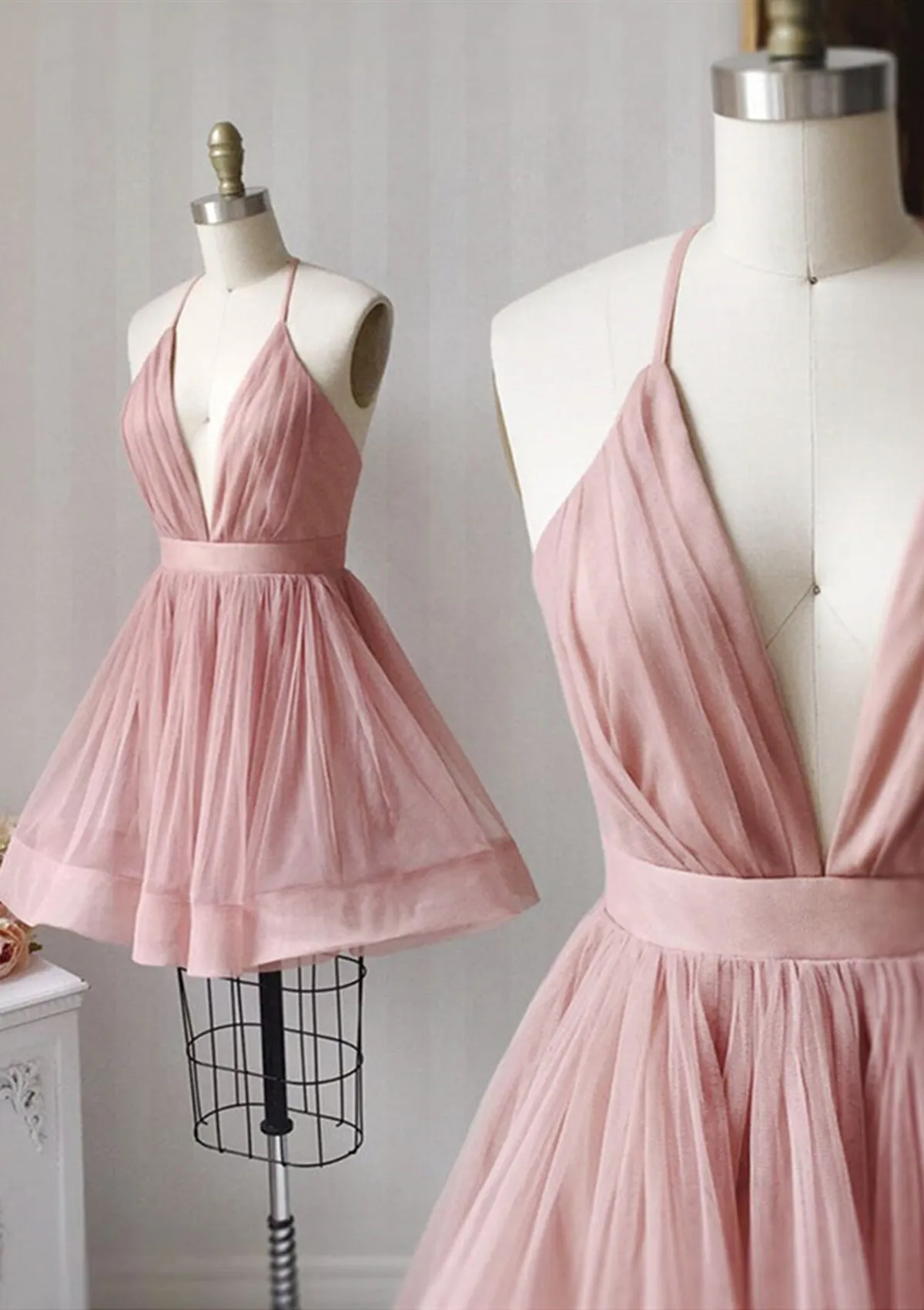 A-line Plunging Sleeveless Dusty Pink Tulle Short Mini Homecoming Dress, Pleated