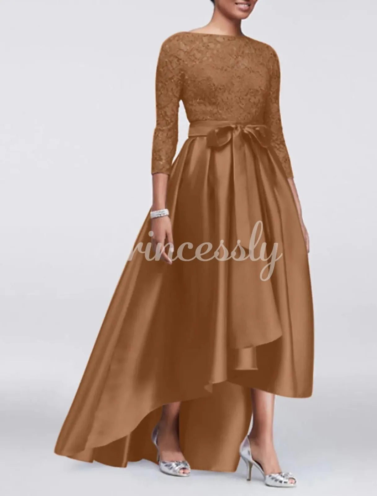 A-line Plus Size Lace Satin 3/4 Sleeve Hi Low Mother of Bride Dress, Sash