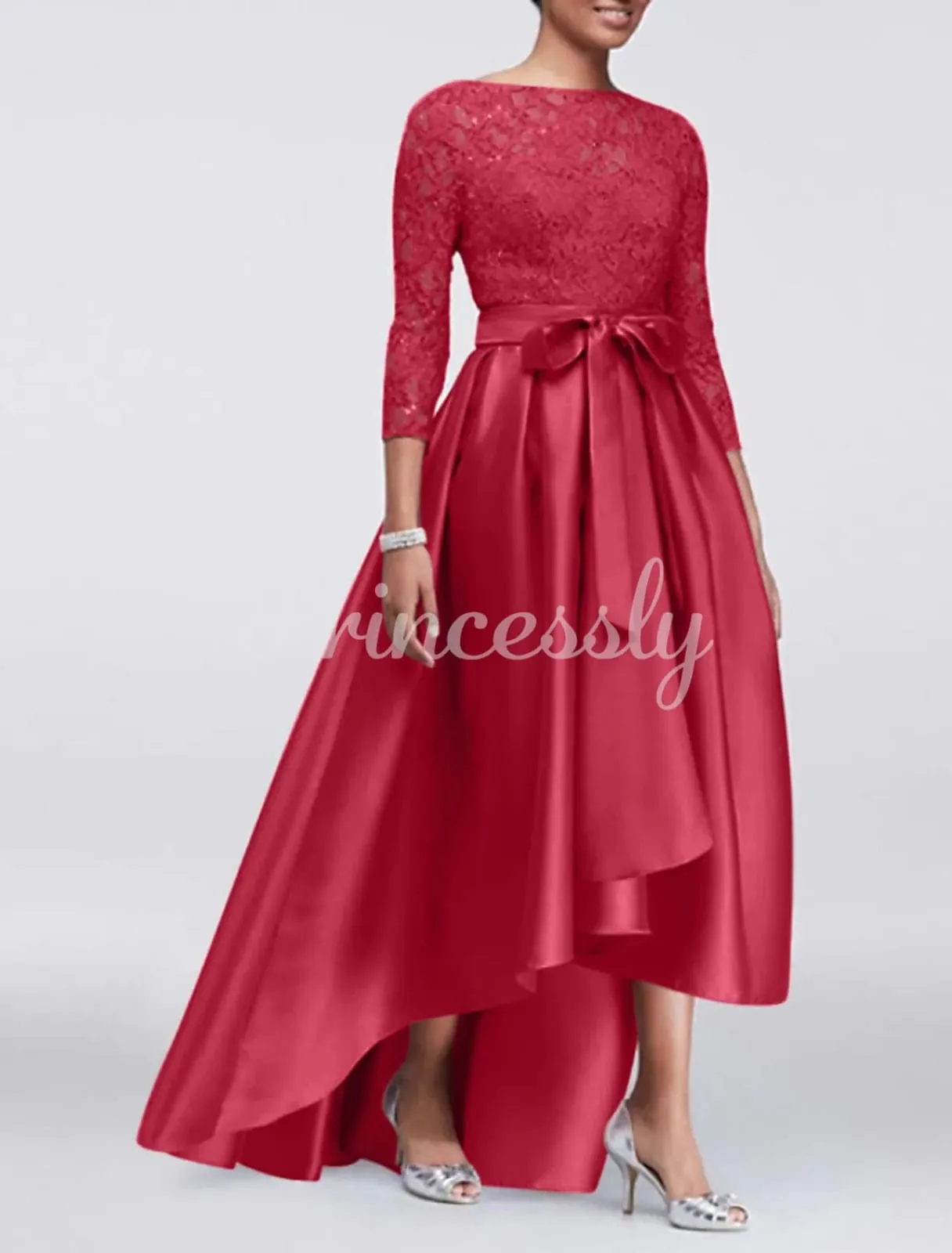 A-line Plus Size Lace Satin 3/4 Sleeve Hi Low Mother of Bride Dress, Sash