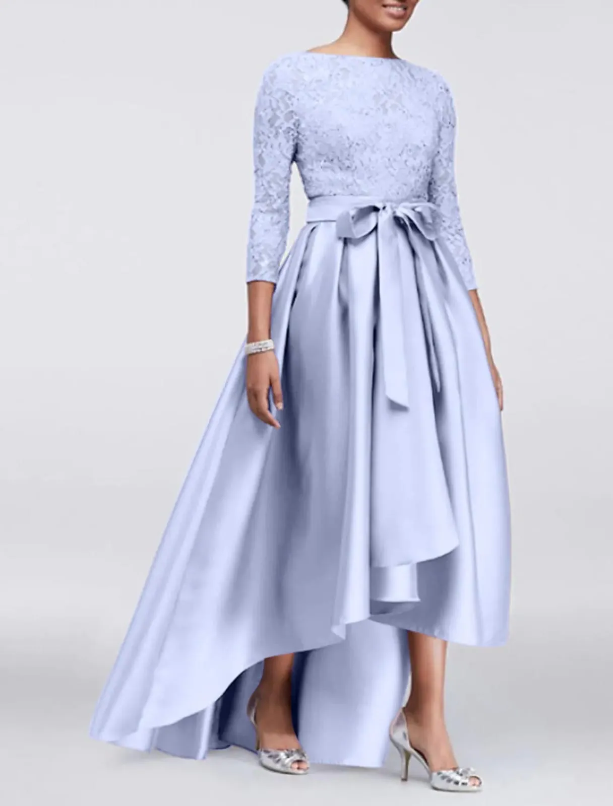 A-line Plus Size Lace Satin 3/4 Sleeve Hi Low Mother of Bride Dress, Sash