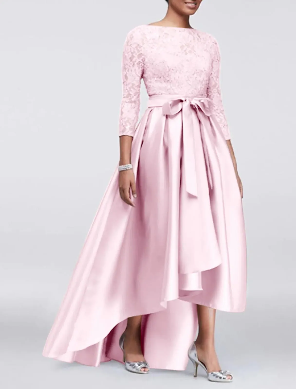 A-line Plus Size Lace Satin 3/4 Sleeve Hi Low Mother of Bride Dress, Sash