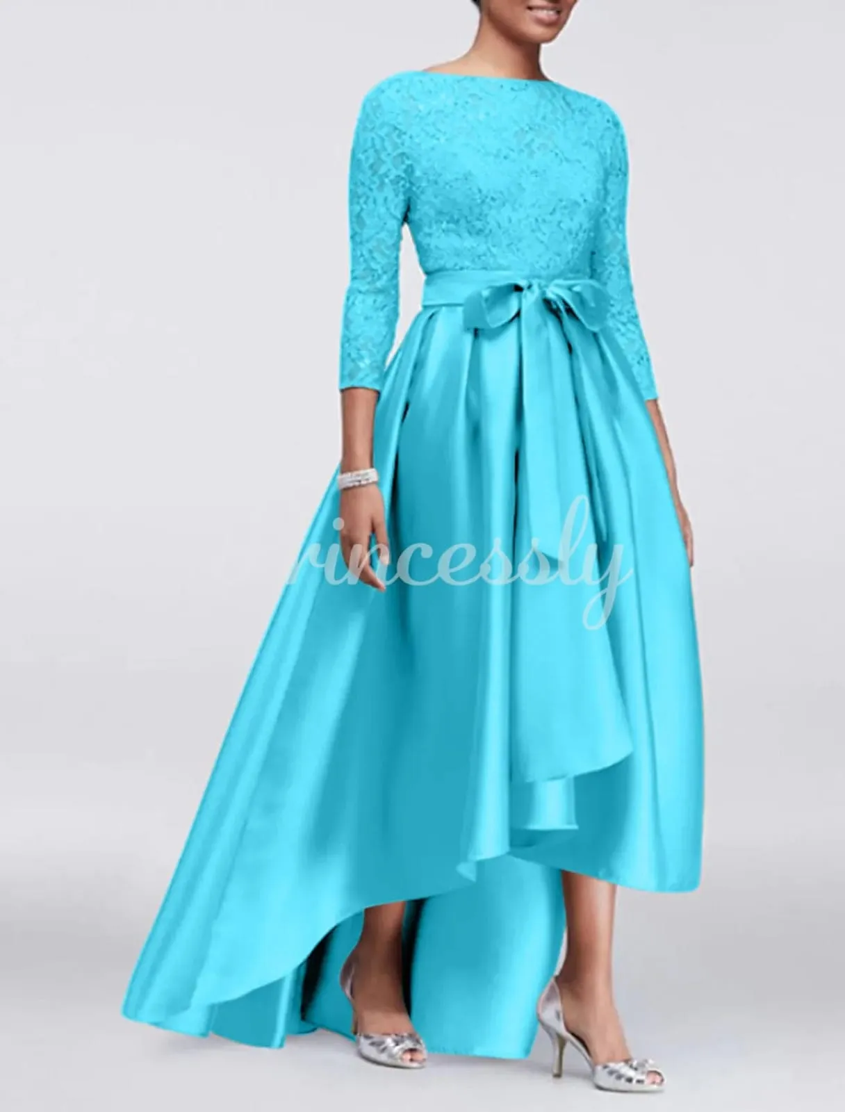 A-line Plus Size Lace Satin 3/4 Sleeve Hi Low Mother of Bride Dress, Sash