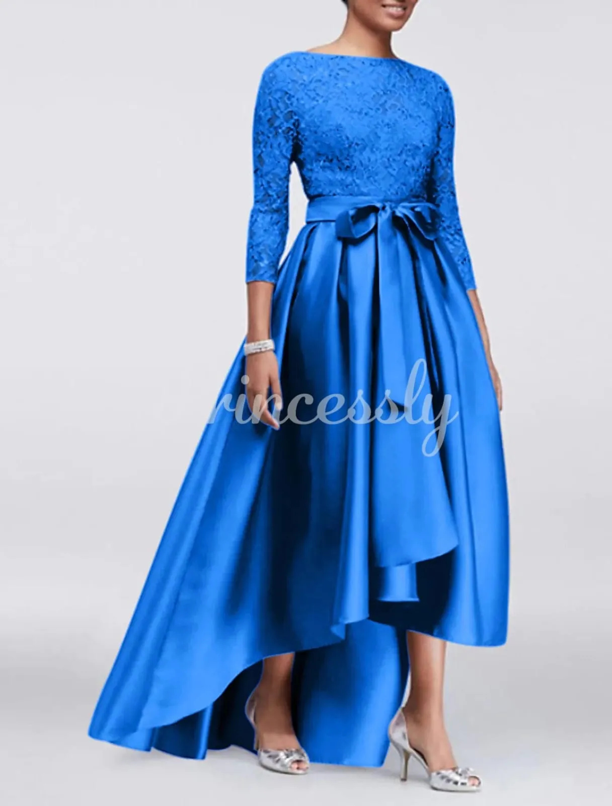 A-line Plus Size Lace Satin 3/4 Sleeve Hi Low Mother of Bride Dress, Sash
