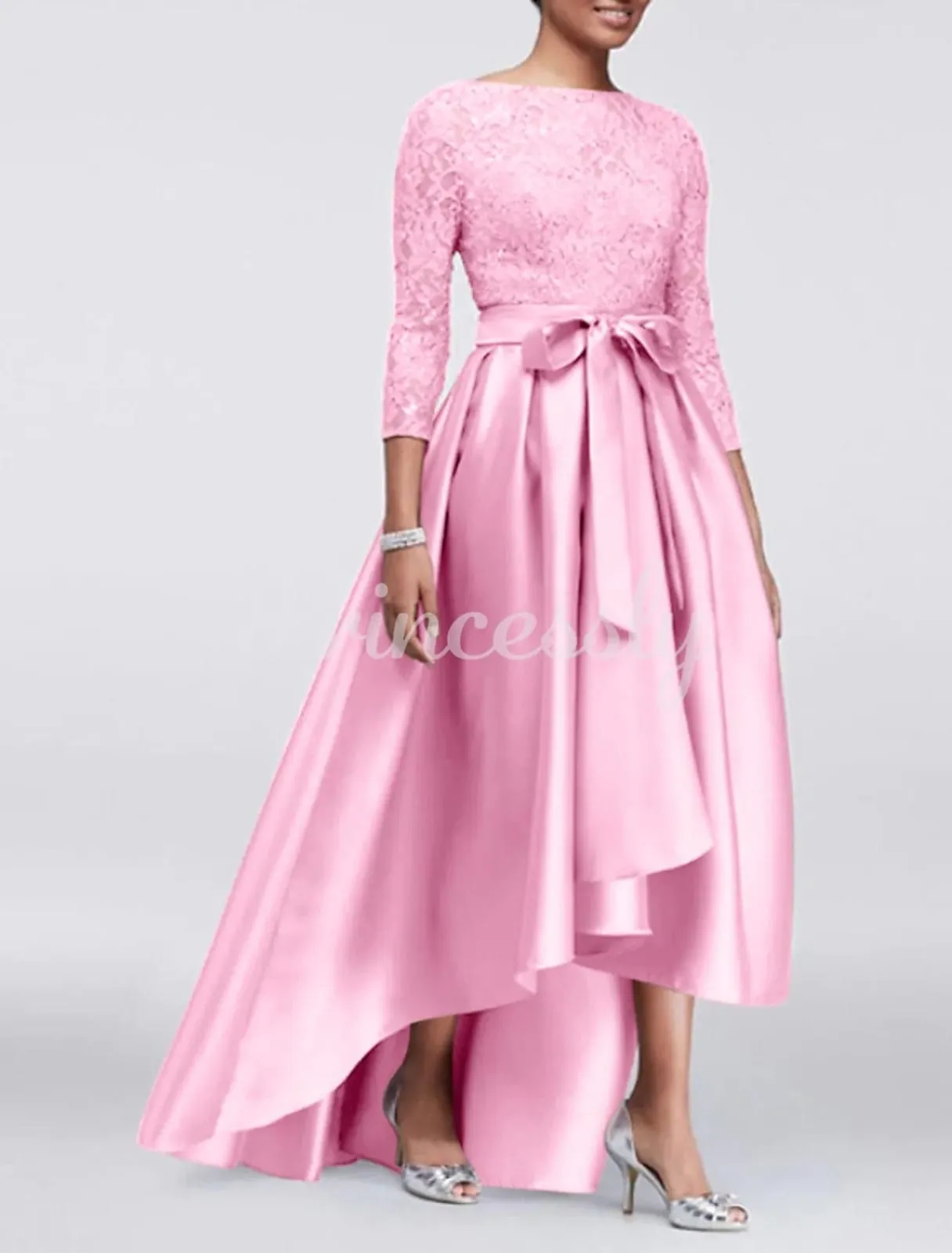 A-line Plus Size Lace Satin 3/4 Sleeve Hi Low Mother of Bride Dress, Sash