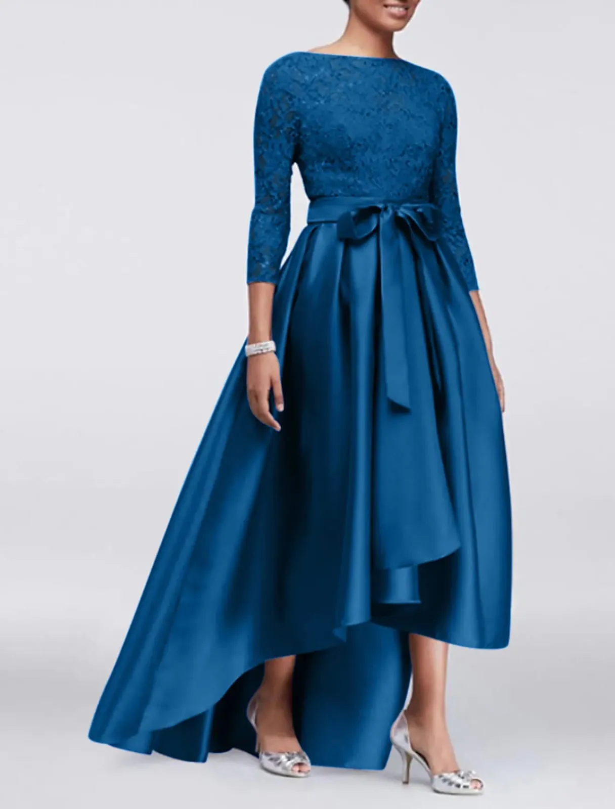 A-line Plus Size Lace Satin 3/4 Sleeve Hi Low Mother of Bride Dress, Sash