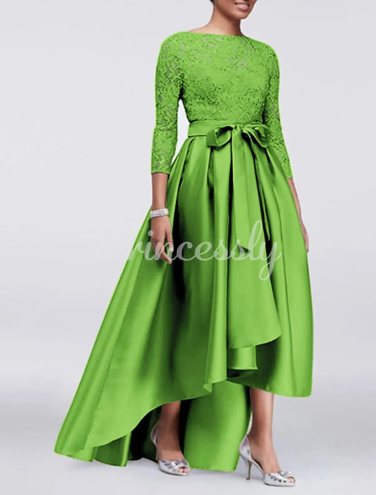 A-line Plus Size Lace Satin 3/4 Sleeve Hi Low Mother of Bride Dress, Sash