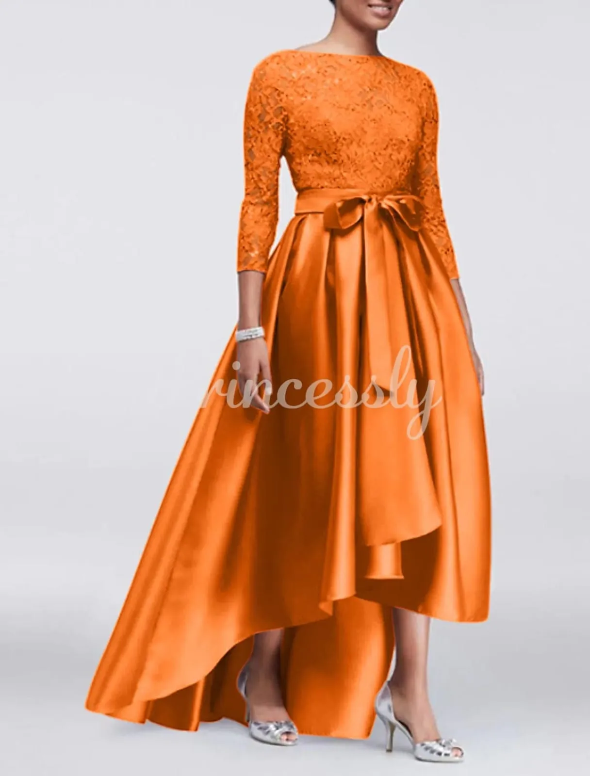 A-line Plus Size Lace Satin 3/4 Sleeve Hi Low Mother of Bride Dress, Sash