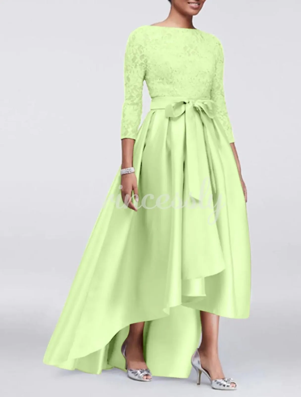 A-line Plus Size Lace Satin 3/4 Sleeve Hi Low Mother of Bride Dress, Sash