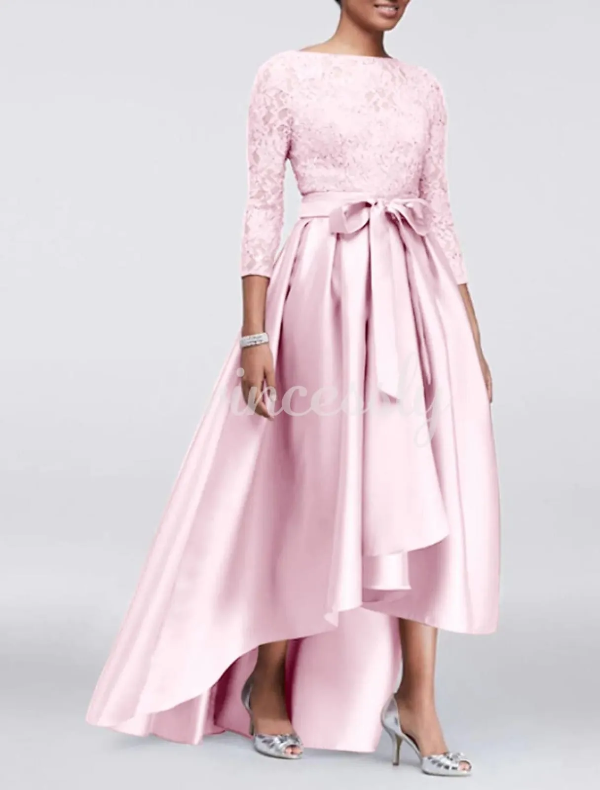 A-line Plus Size Lace Satin 3/4 Sleeve Hi Low Mother of Bride Dress, Sash