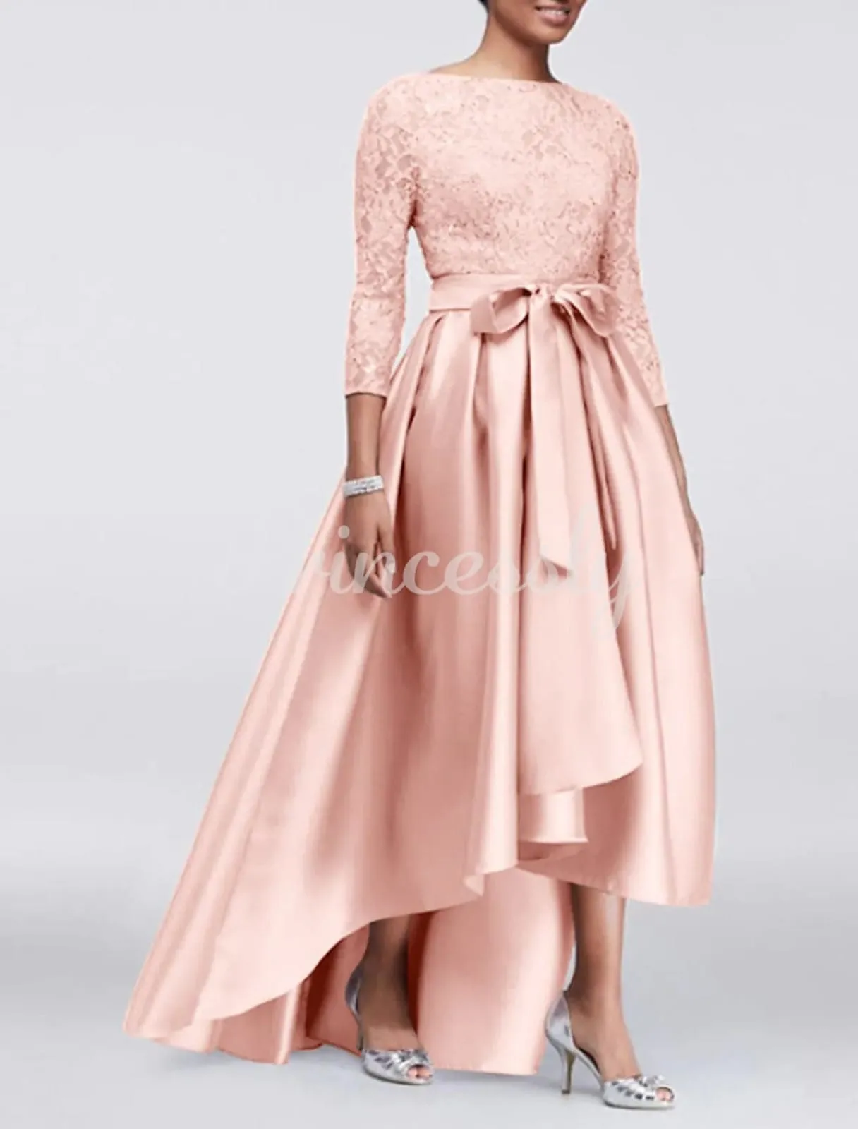 A-line Plus Size Lace Satin 3/4 Sleeve Hi Low Mother of Bride Dress, Sash