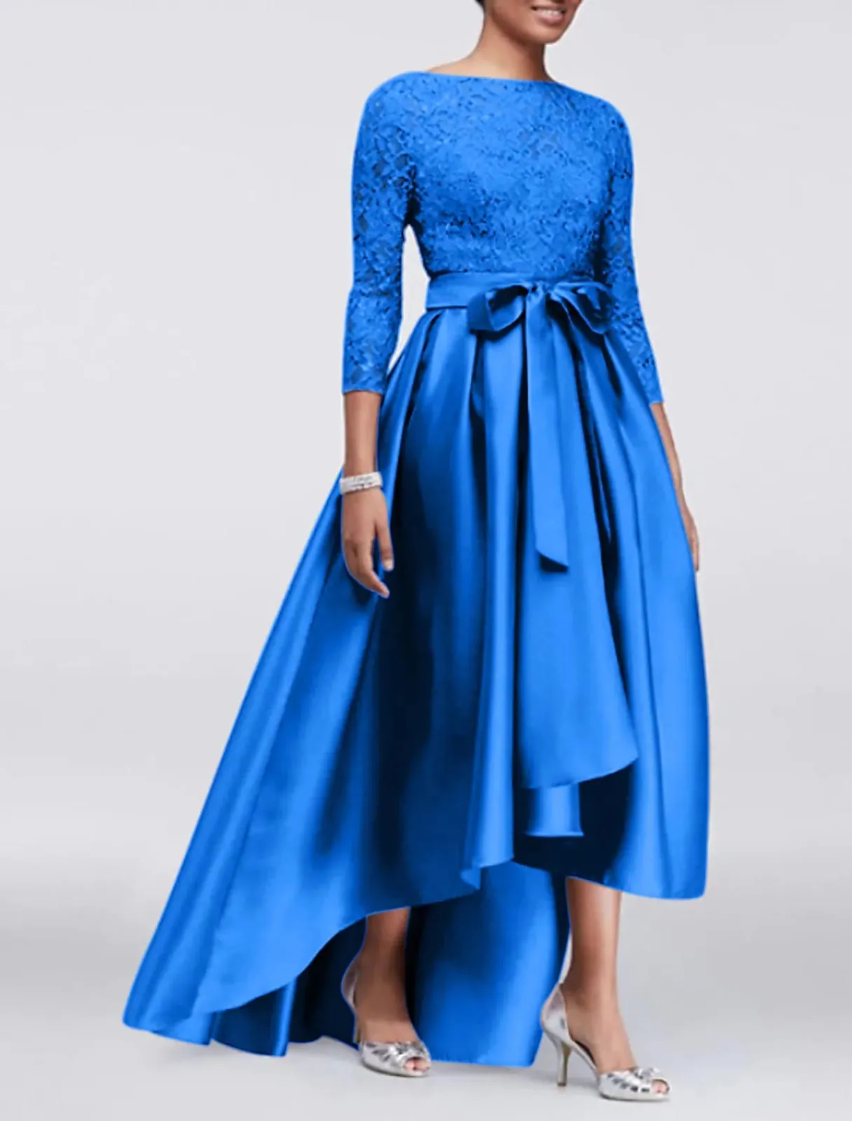 A-line Plus Size Lace Satin 3/4 Sleeve Hi Low Mother of Bride Dress, Sash