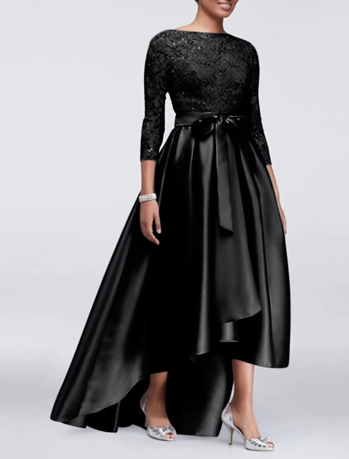 A-line Plus Size Lace Satin 3/4 Sleeve Hi Low Mother of Bride Dress, Sash