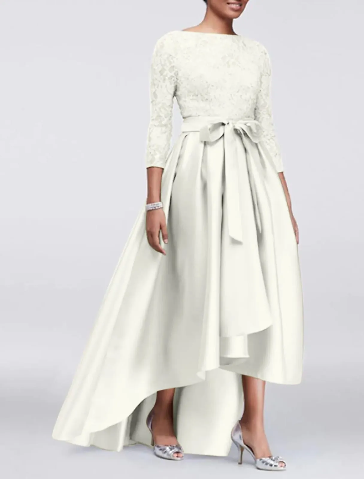 A-line Plus Size Lace Satin 3/4 Sleeve Hi Low Mother of Bride Dress, Sash