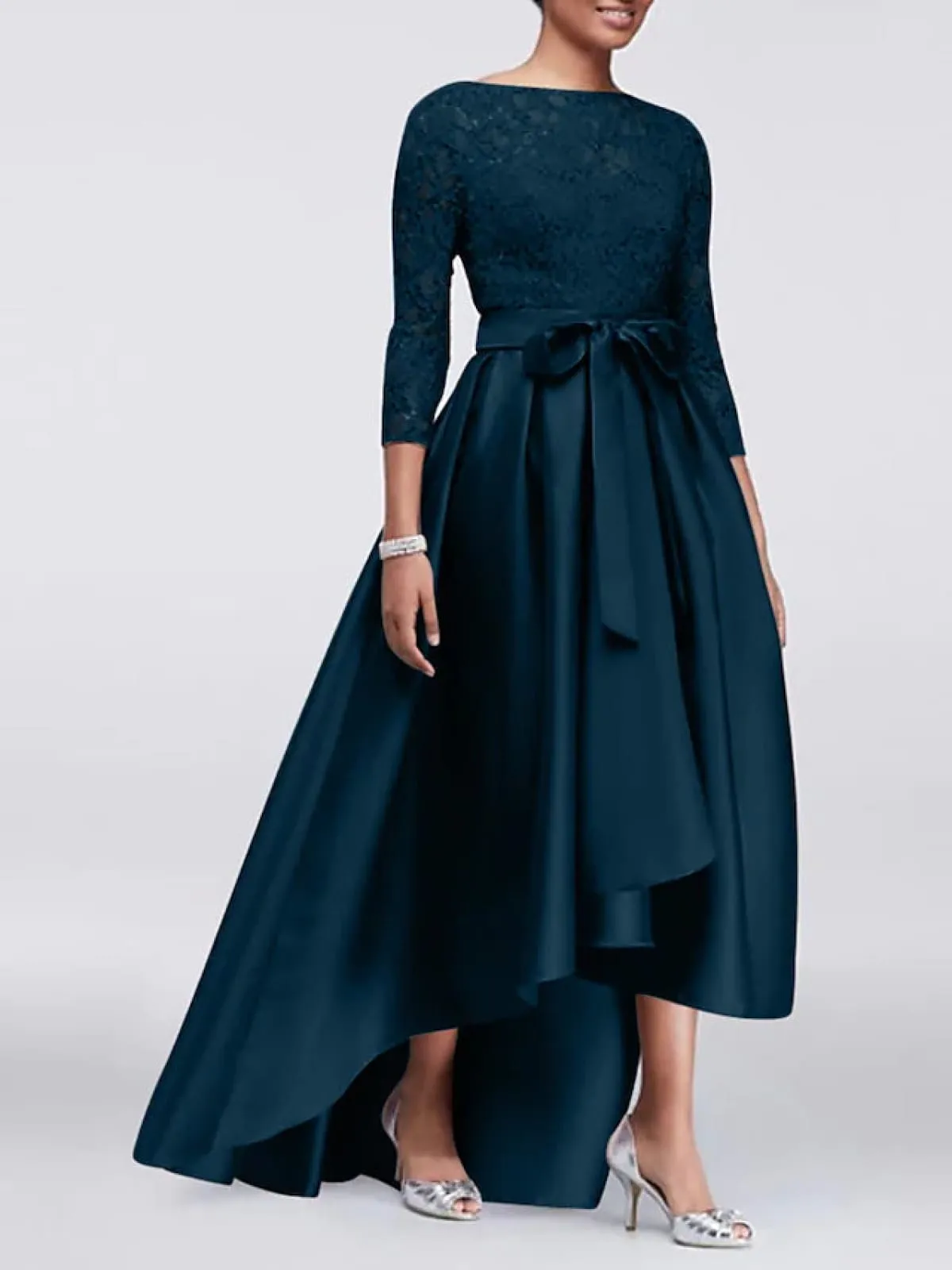 A-line Plus Size Lace Satin 3/4 Sleeve Hi Low Mother of Bride Dress, Sash