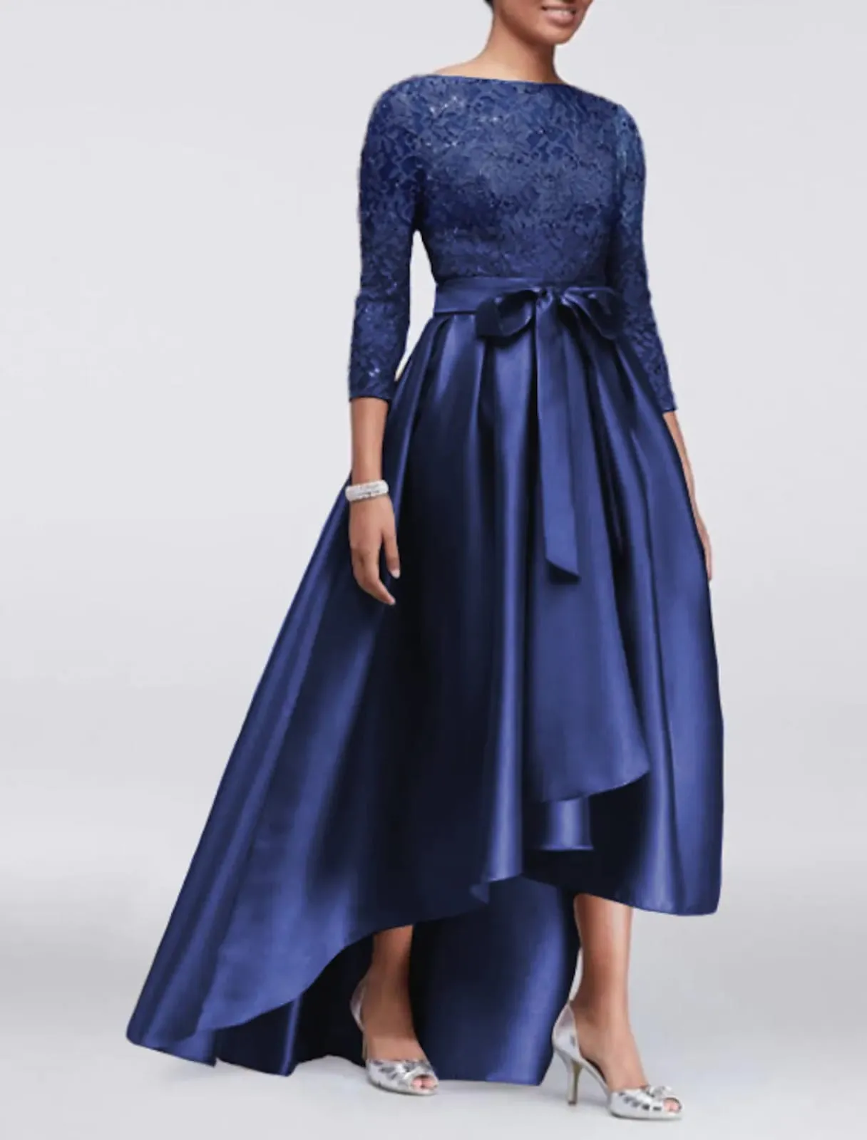A-line Plus Size Lace Satin 3/4 Sleeve Hi Low Mother of Bride Dress, Sash