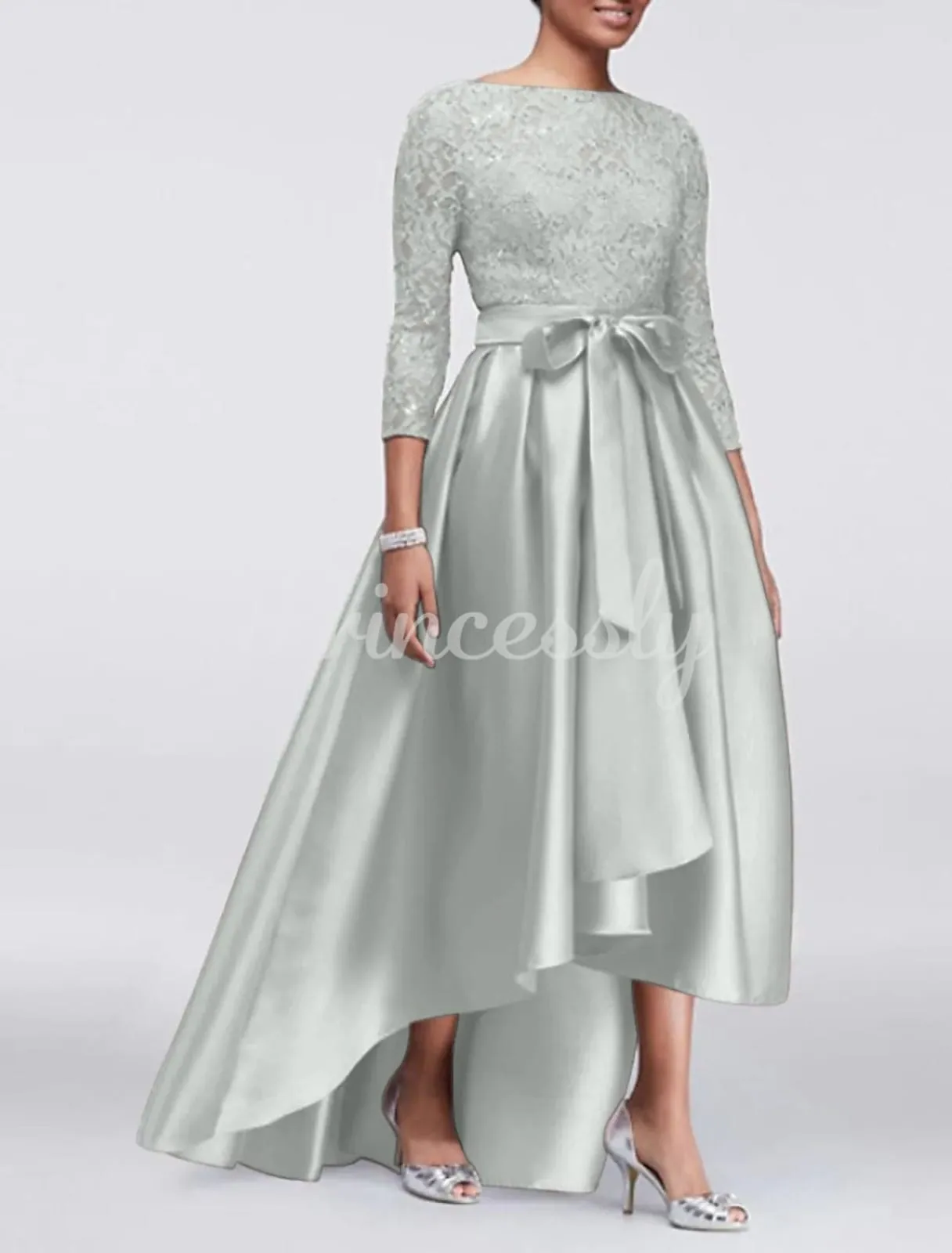 A-line Plus Size Lace Satin 3/4 Sleeve Hi Low Mother of Bride Dress, Sash