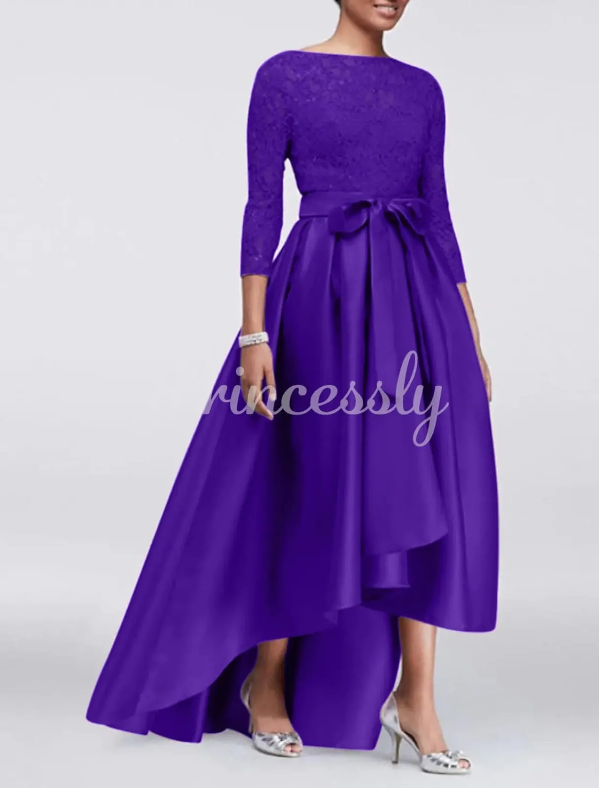A-line Plus Size Lace Satin 3/4 Sleeve Hi Low Mother of Bride Dress, Sash