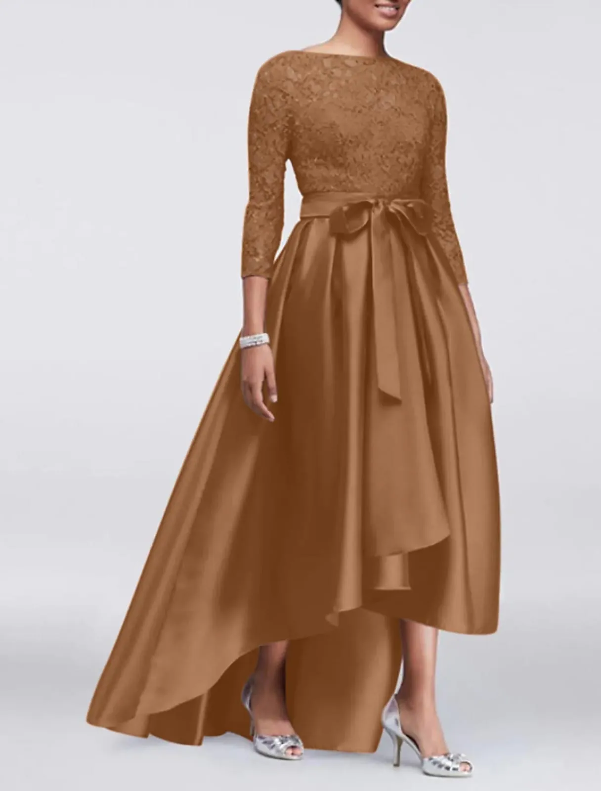 A-line Plus Size Lace Satin 3/4 Sleeve Hi Low Mother of Bride Dress, Sash