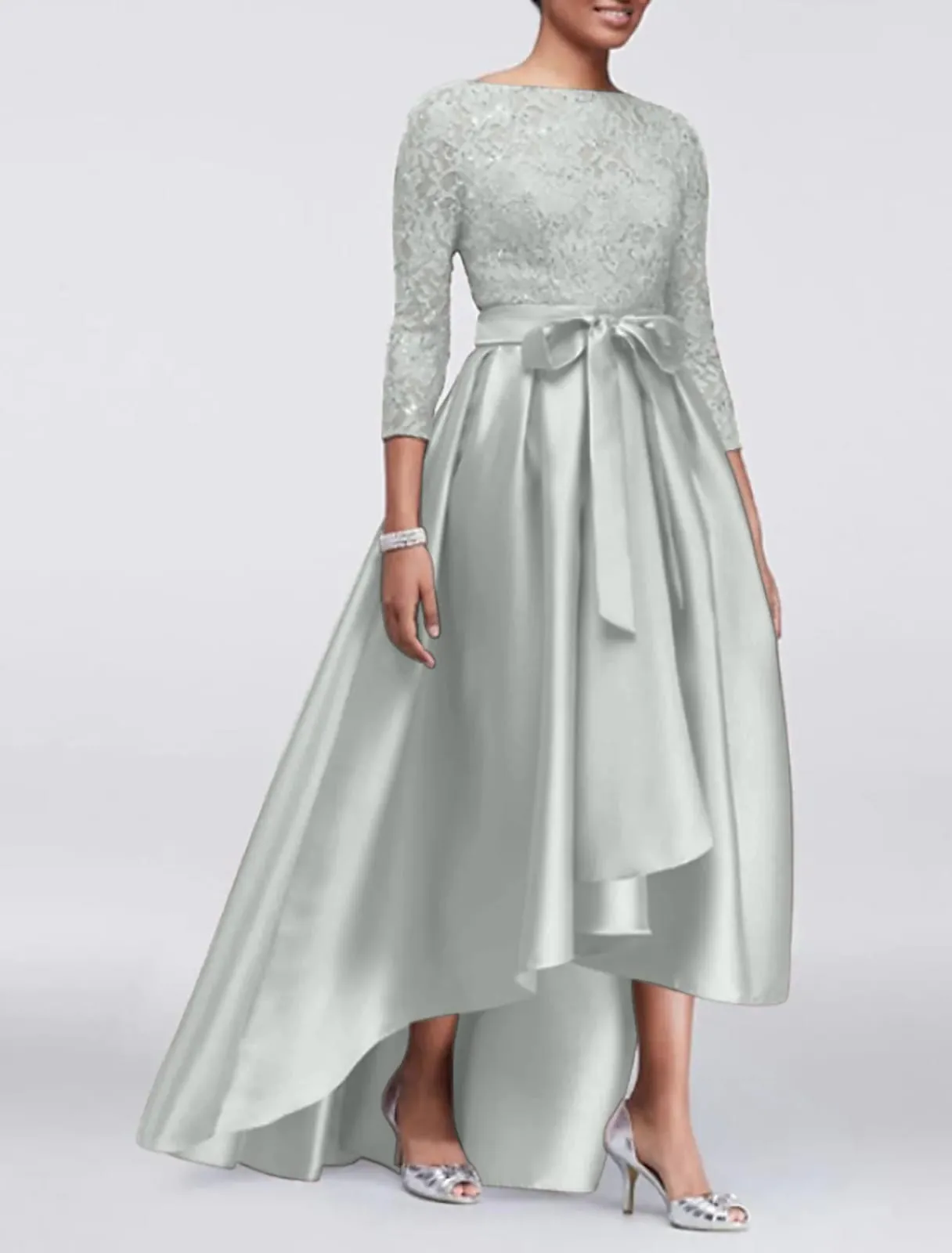 A-line Plus Size Lace Satin 3/4 Sleeve Hi Low Mother of Bride Dress, Sash